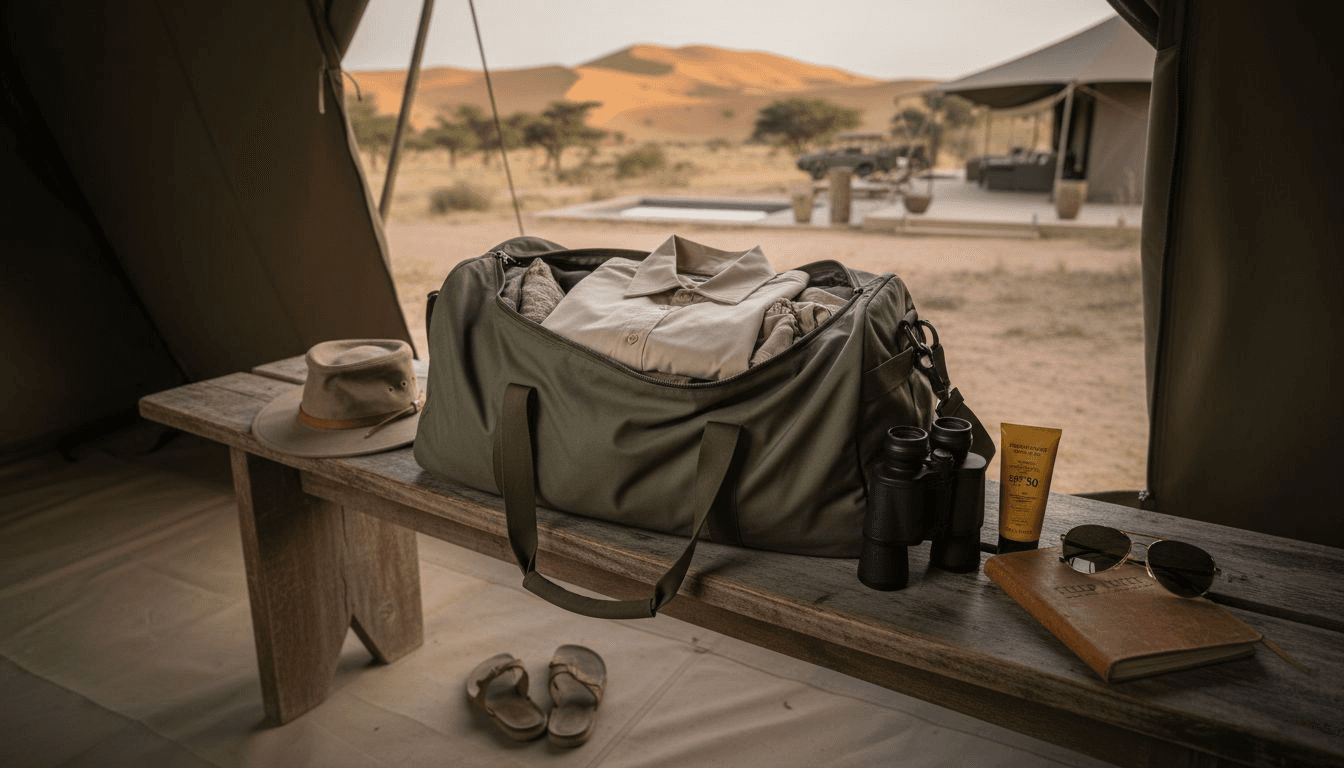 Safari packing essentials displayed in tent