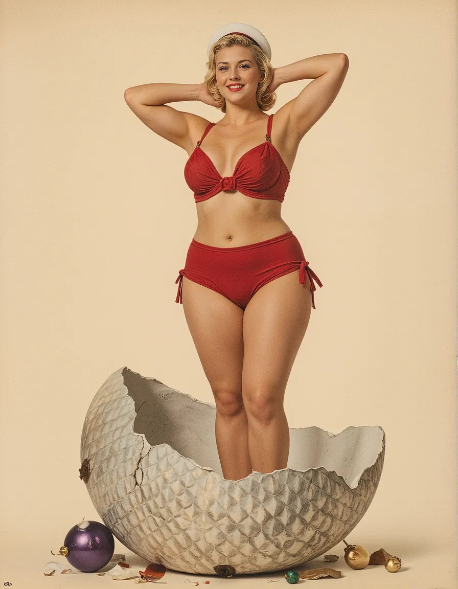 Vintage-style photograph featuring a red two-piece swimsuit and sailor cap, posed in a decorative eggshell with festive ornaments