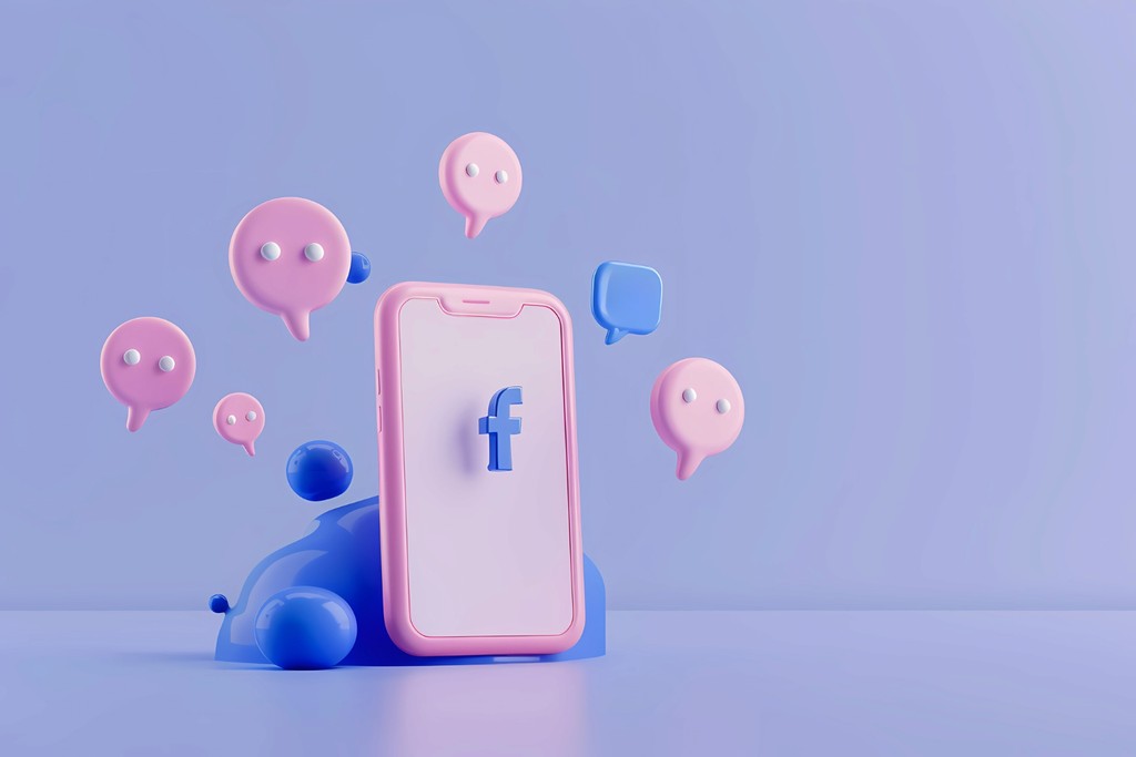 A blue background featuring 3D Facebook chat bubbles and a phone, representing online messaging and connectivity.