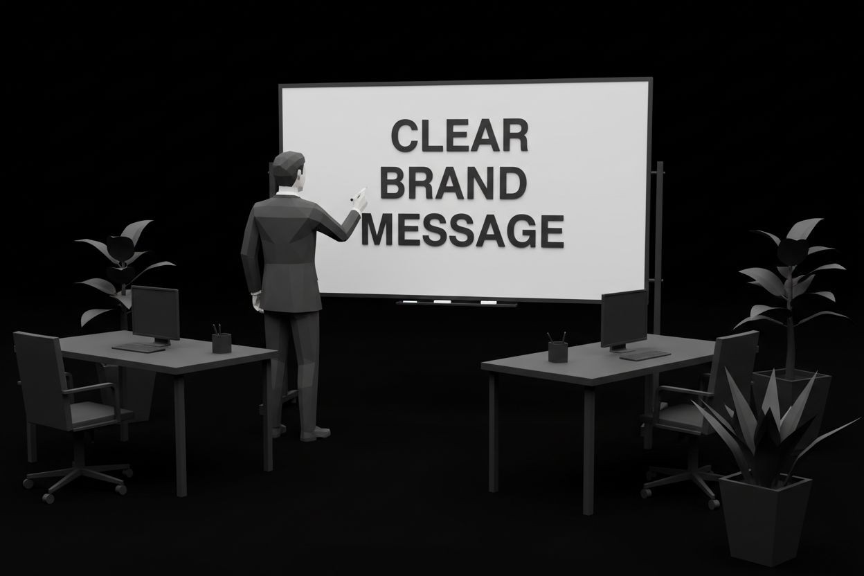 Business professional defining a unique value proposition on a whiteboard