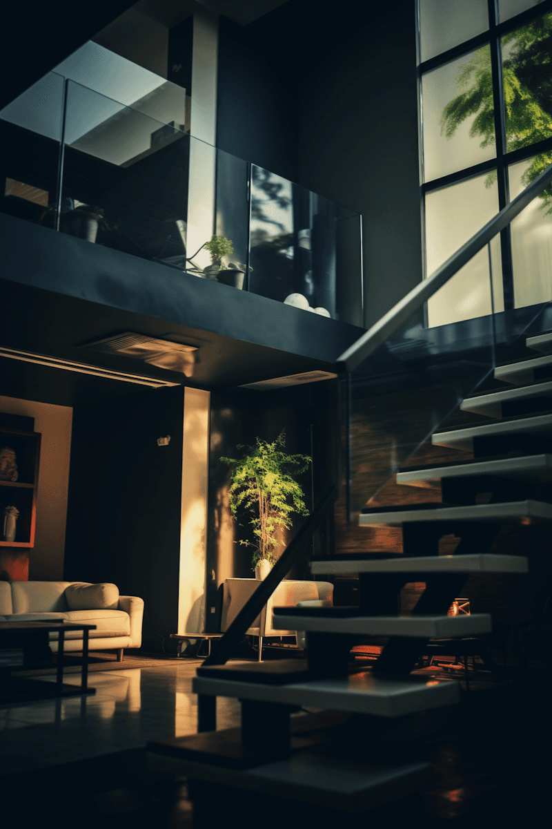 Moody luxury interior at dusk with floating glass staircase, dramatic ambient lighting, and lush tropical plant — showcasing high-end architectural detail