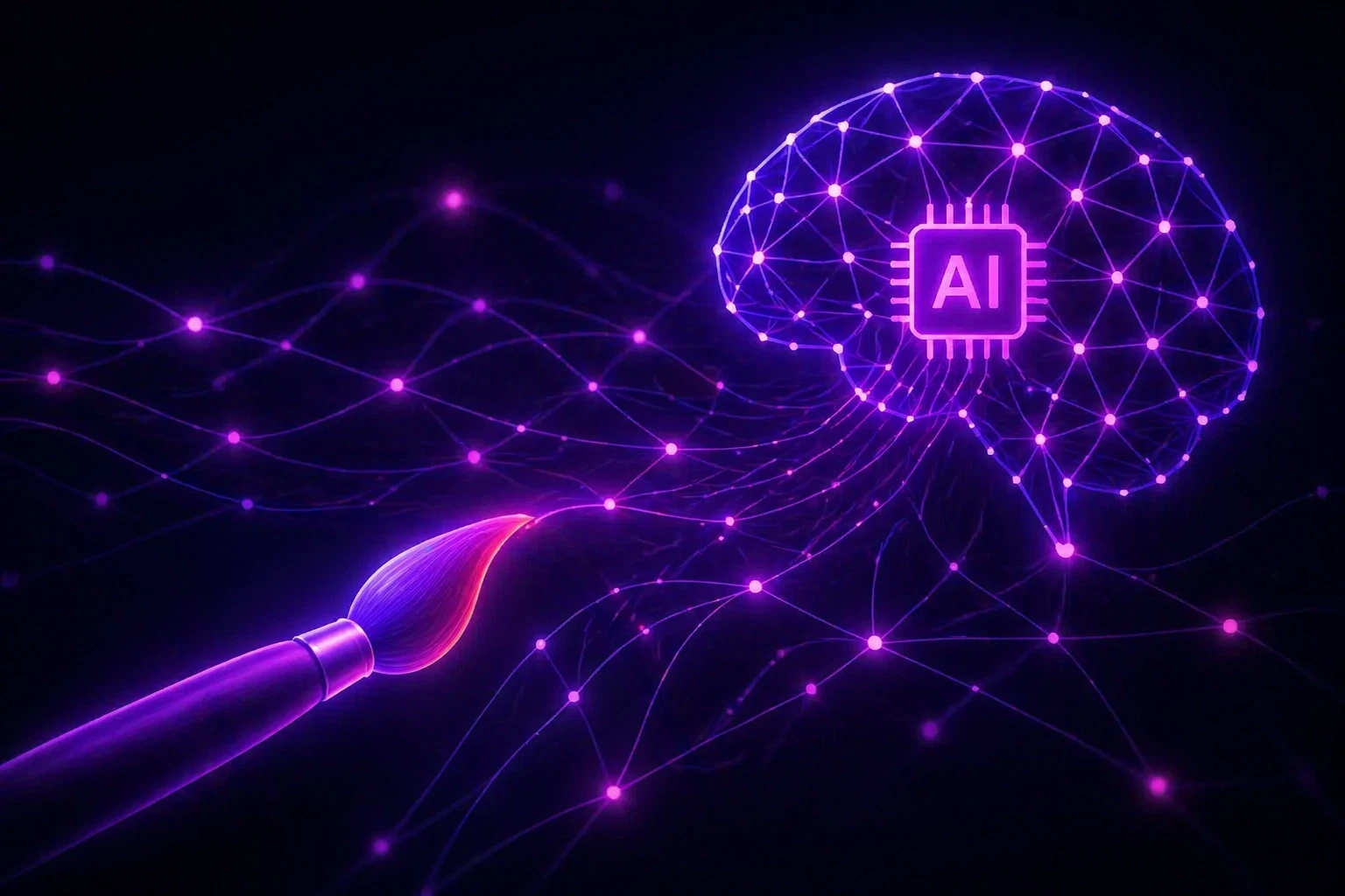 Abstract illustration of a 3D network connecting a designer's brush to an AI node in violet and magenta tones.