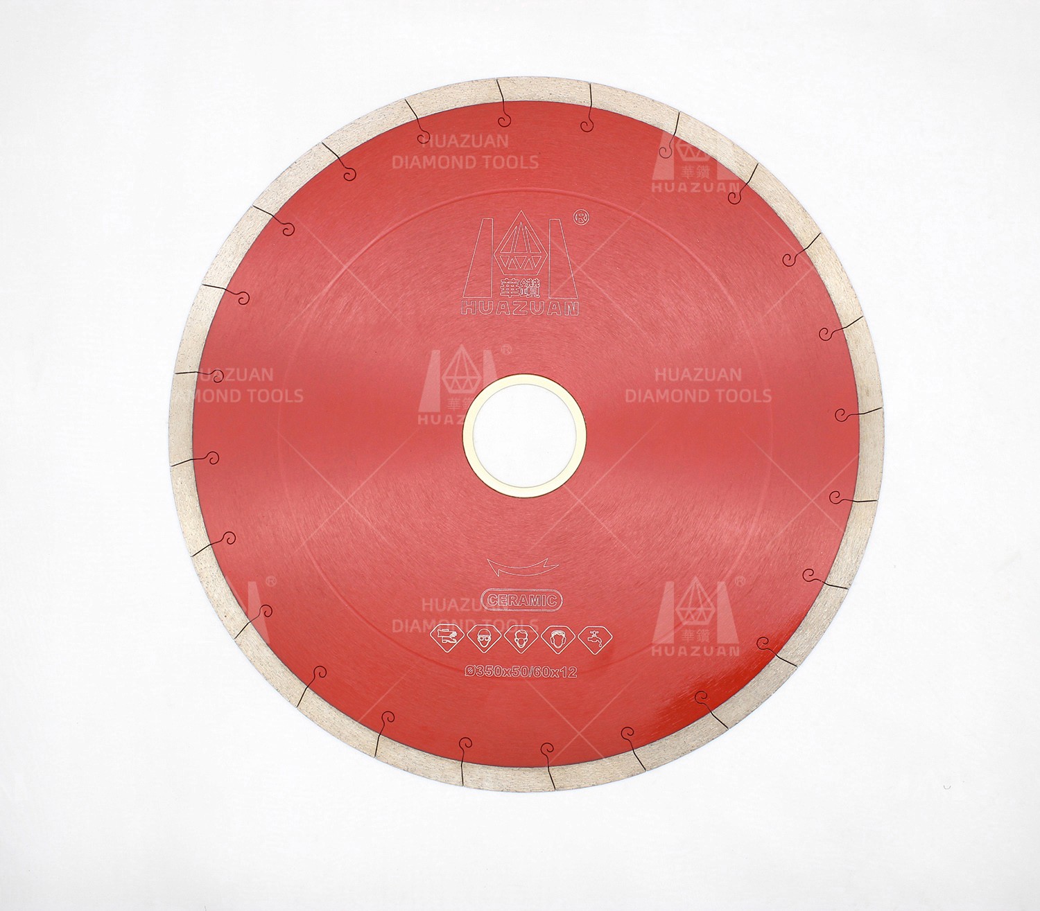 Complete view of a red sintered diamond saw blade for ceramic, displaying brand information and size specifications.