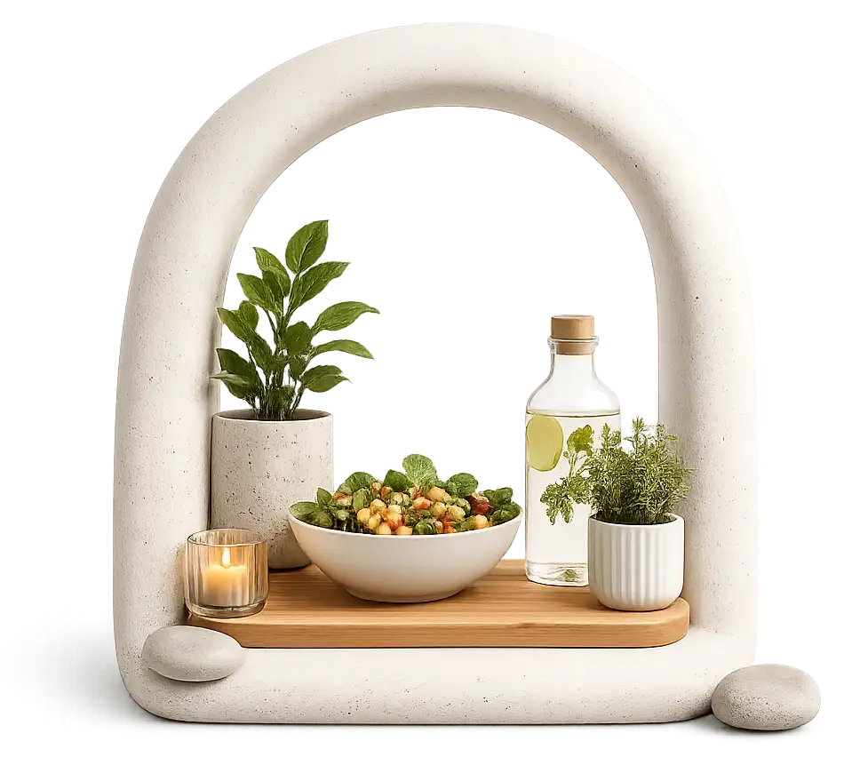 Salad, herbs, and olive oil arranged in an arched niche