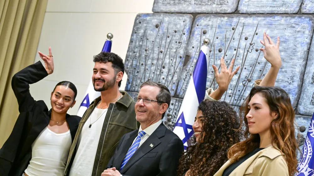 Reception at the President’s Residence in Jerusalam: From left, dancer Yasmin Hacmoun, Eurovision runner-up Noam Bettan, Israeli President Isaac Herzog, and dancers Eden Zino, Daniel Ben Avraham on May 18, 2026. Photo courtesy of Kobi Gideon/GPO.