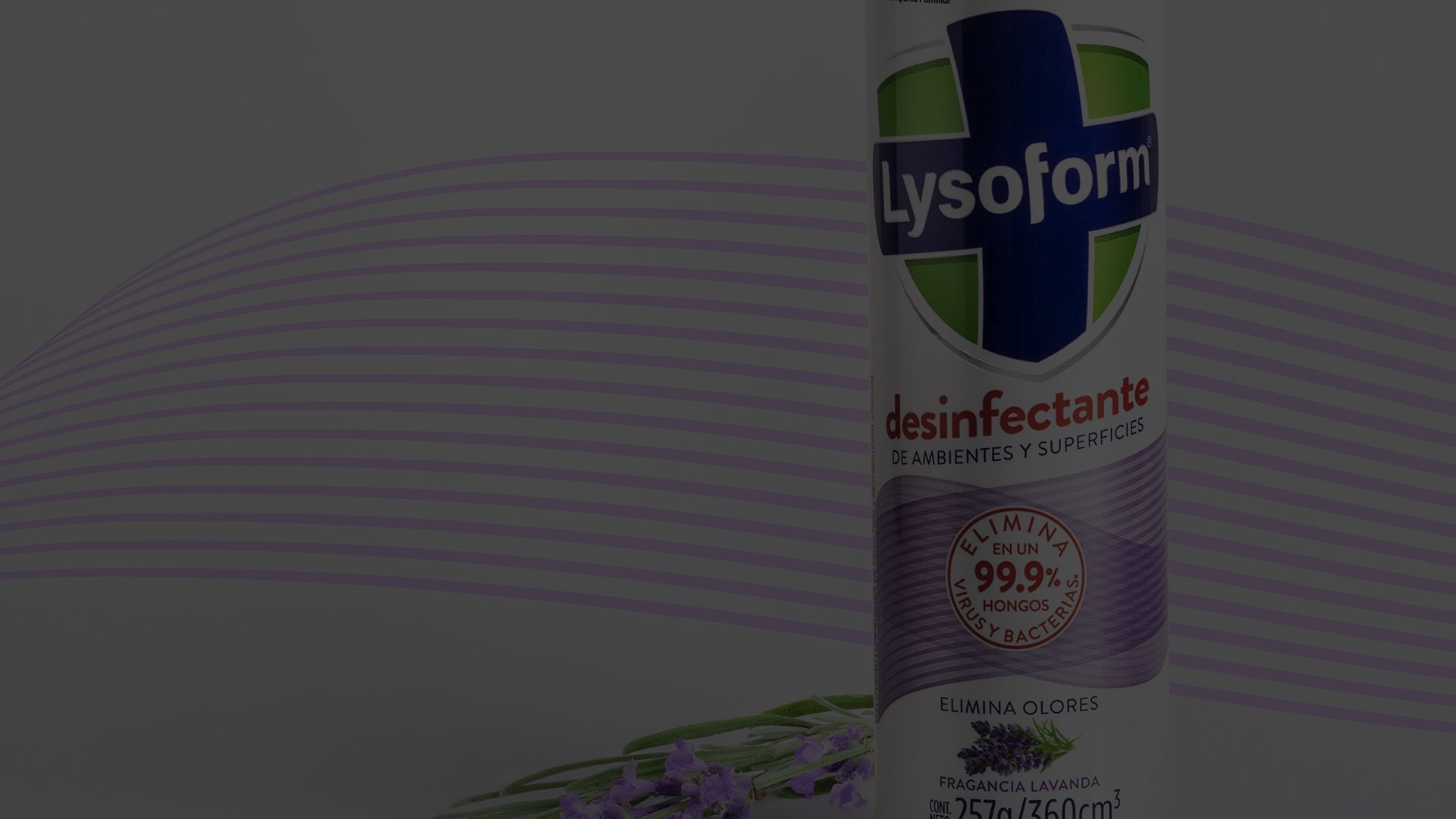 A can of Lysoform disinfectant with a lavender fragrance is featured. The label highlights that it eliminates 99.9% of bacteria, set against a subtle lavender background.