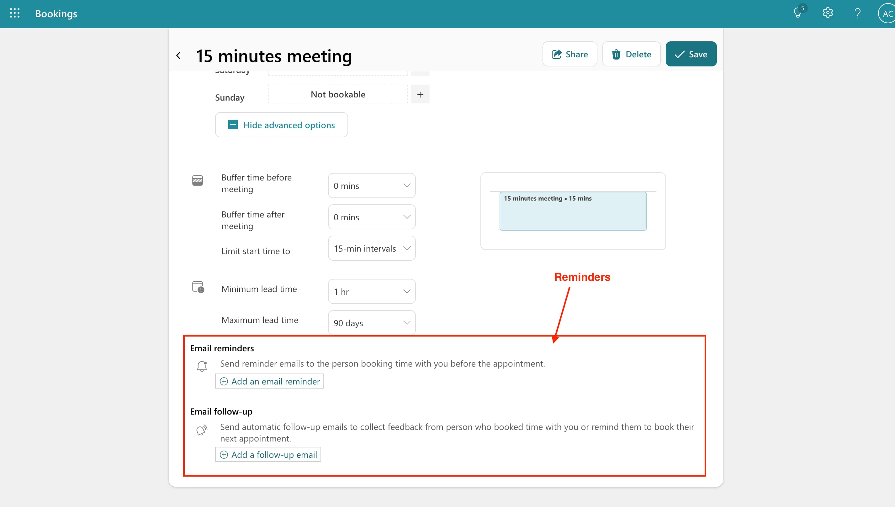 Microsoft booking reminder settings page showing automated email and notification options