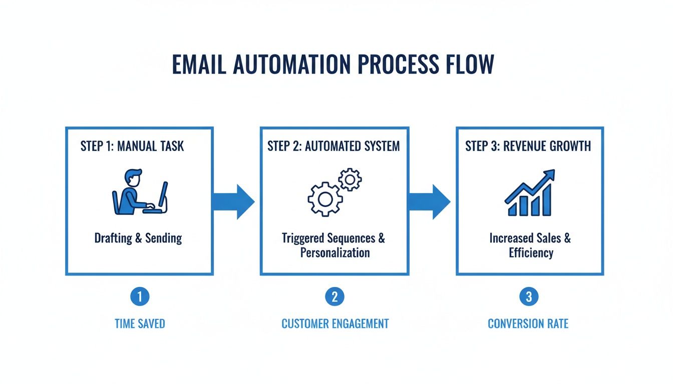 Email automation process flow detailing manual tasks, automated systems, and revenue growth with benefits.