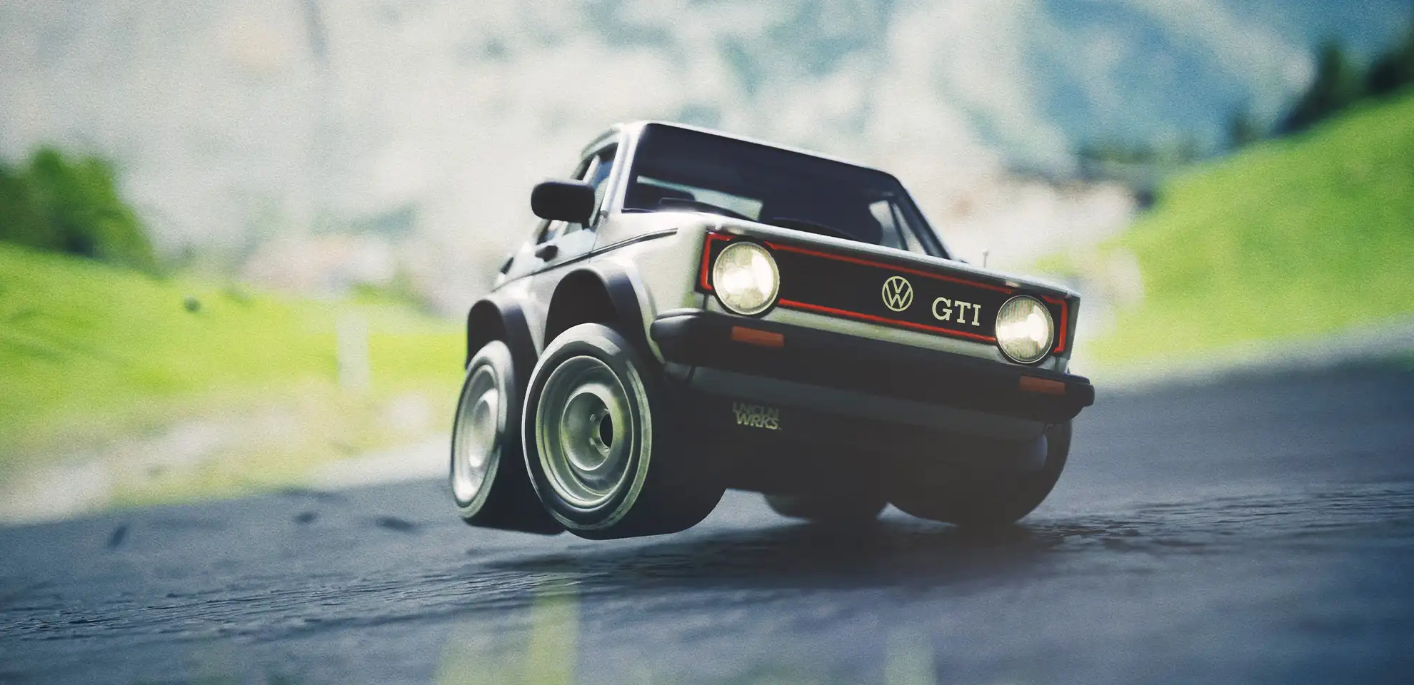 A digital rendering of a Volkswagen GTI hatchback from a left side angle.