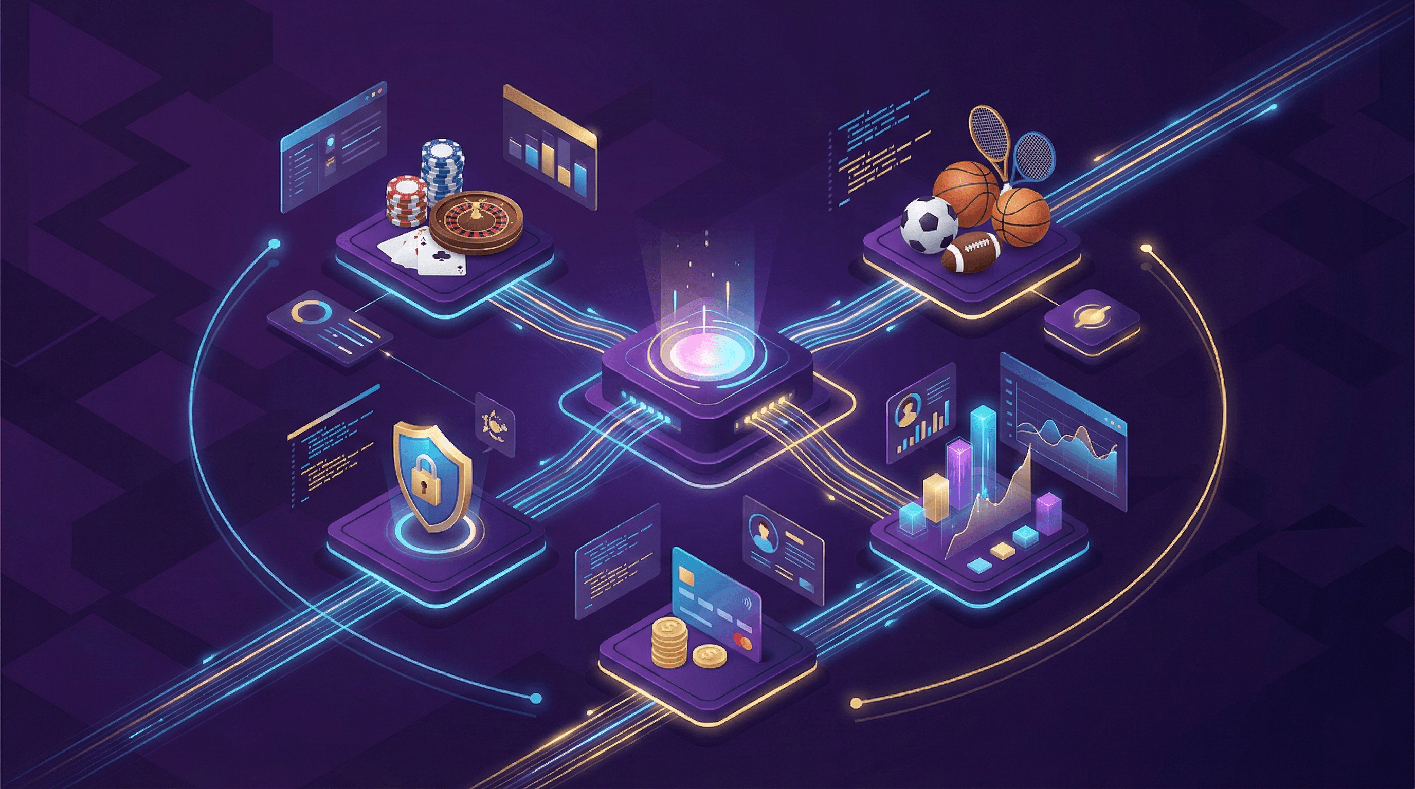 Isometric illustration of iGaming platform ecosystem showing interconnected modules for gaming, payments, compliance and analytics