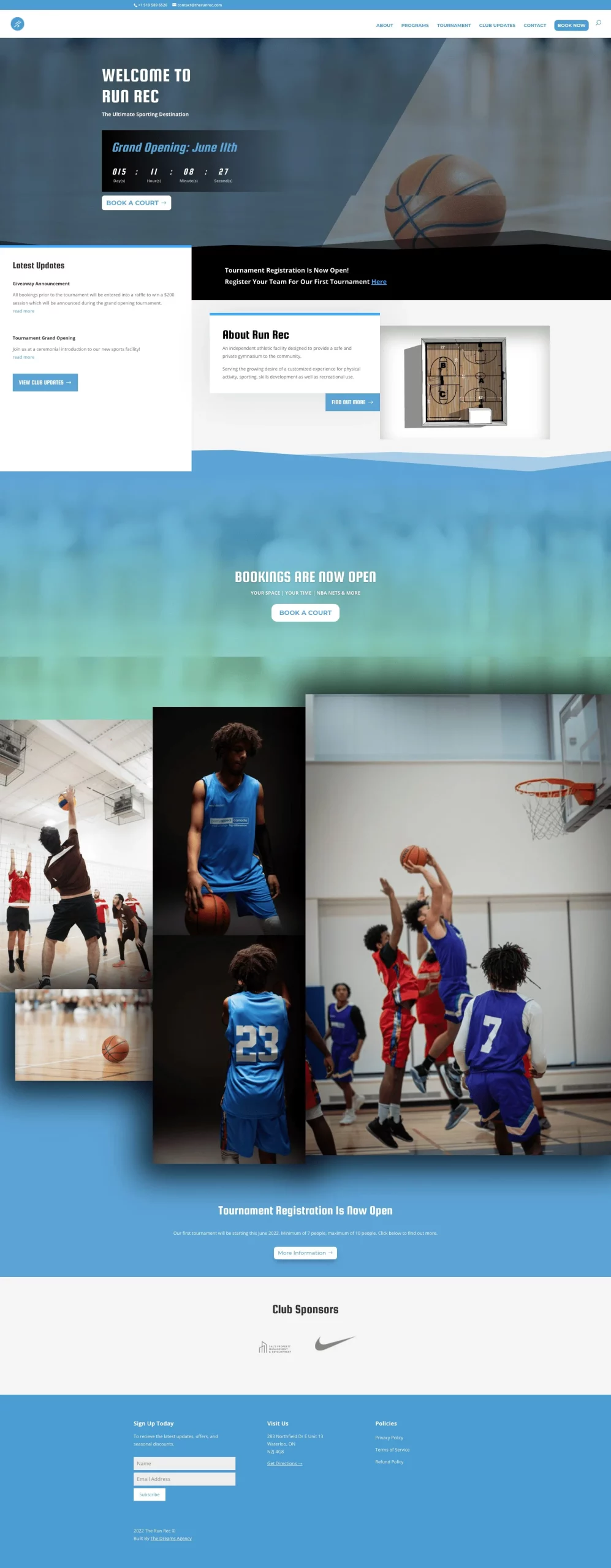 home page for therunrec website developed & designed by Dreams Agency Mississauga, Ontario