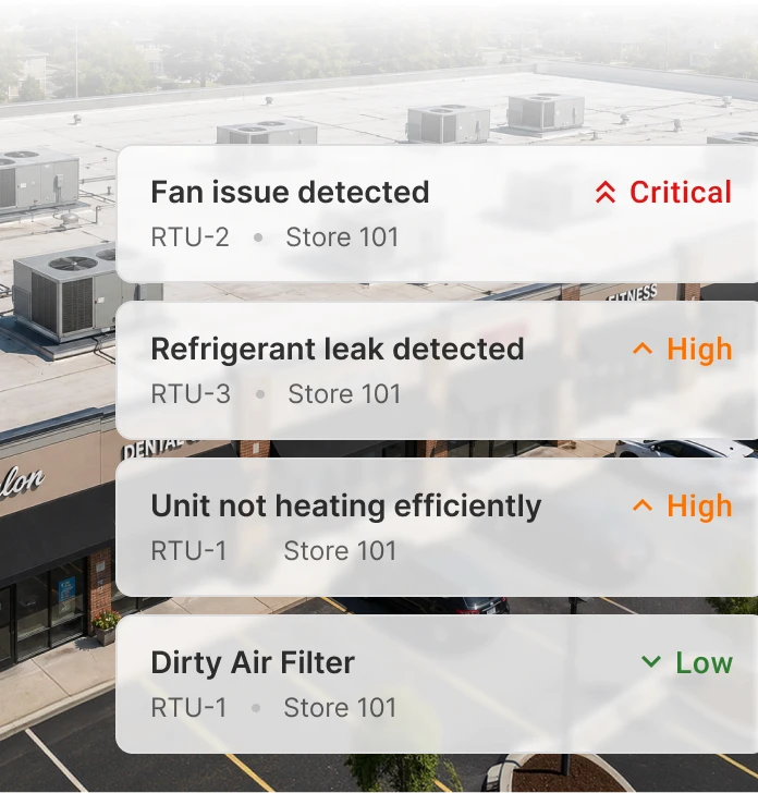 HVAC management software panel showing predicted root cause of a fan issue before failure