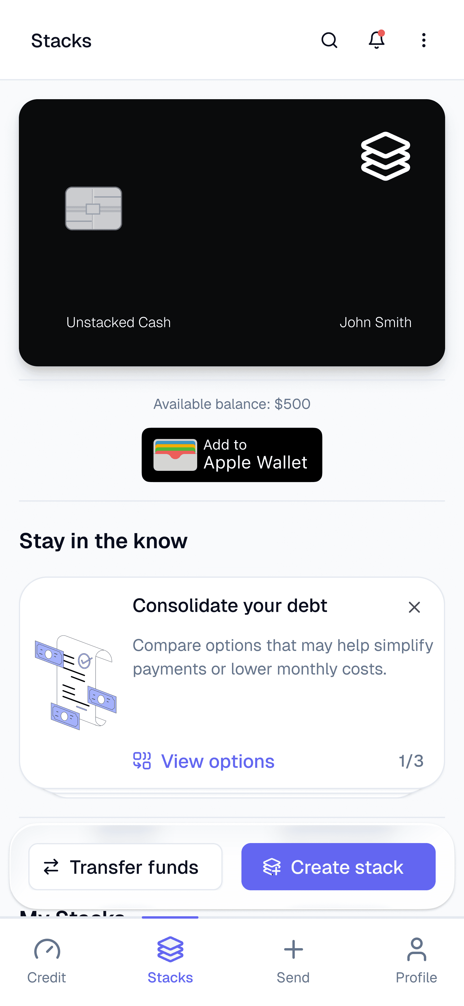 WeStack app showing shared stack overview with balance, group members, and card access for managing shared money