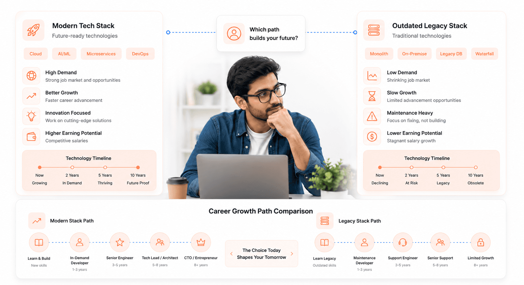 Comparison chart showing modern versus outdated frontend technology stacks and their impact on developer career growth