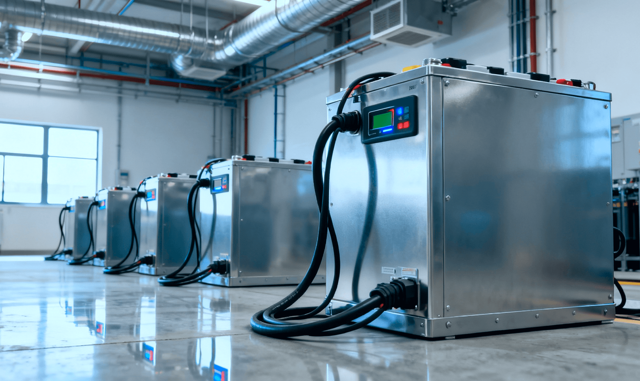 A row of large, metal industrial battery storage units with digital displays and cables in a clean, modern facility.