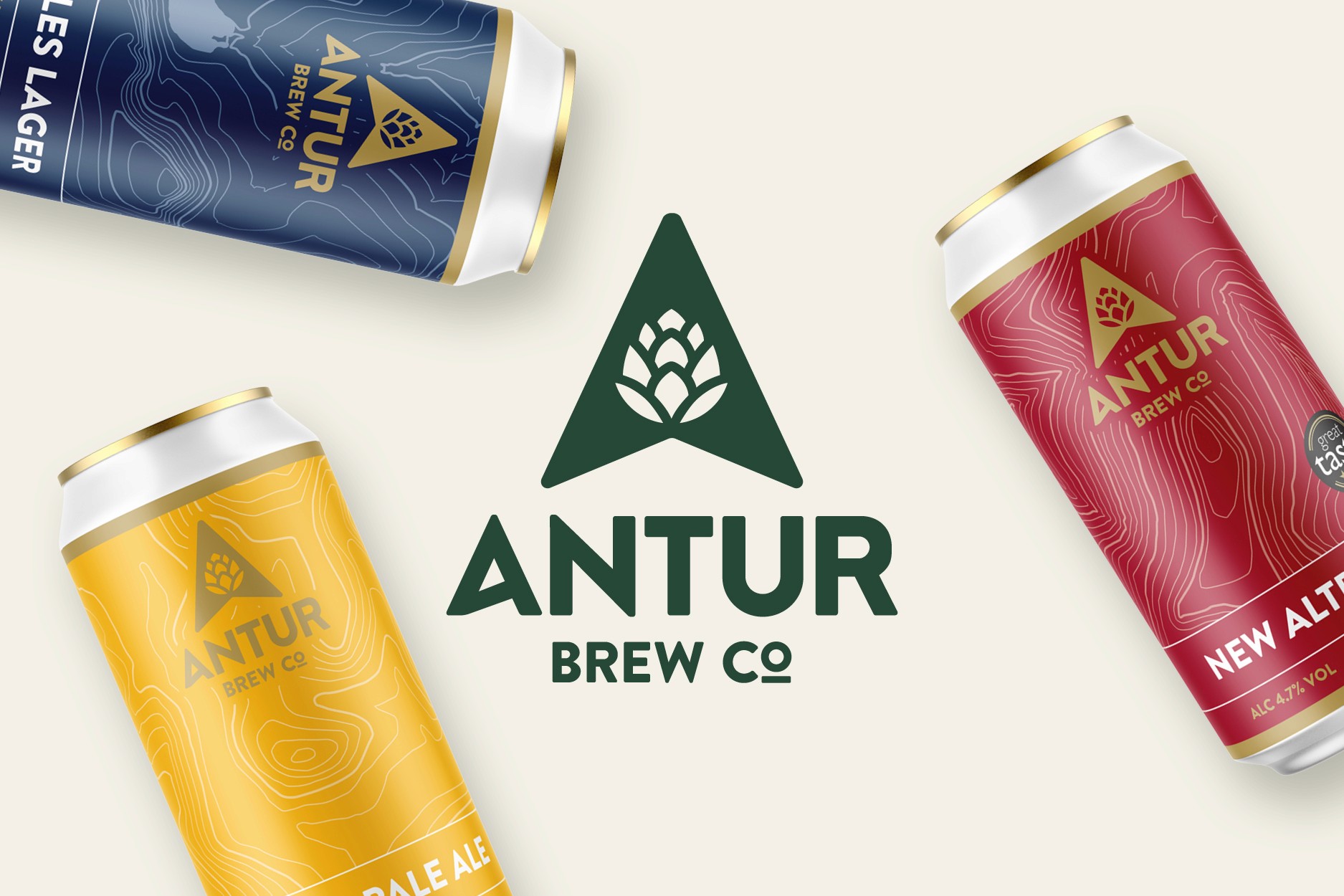 Antur Brew Co logo with three craft beer cans featuring colorful topographic designs labeled ‘Pale Ale’, ‘New Alt’, and ‘Lager’.