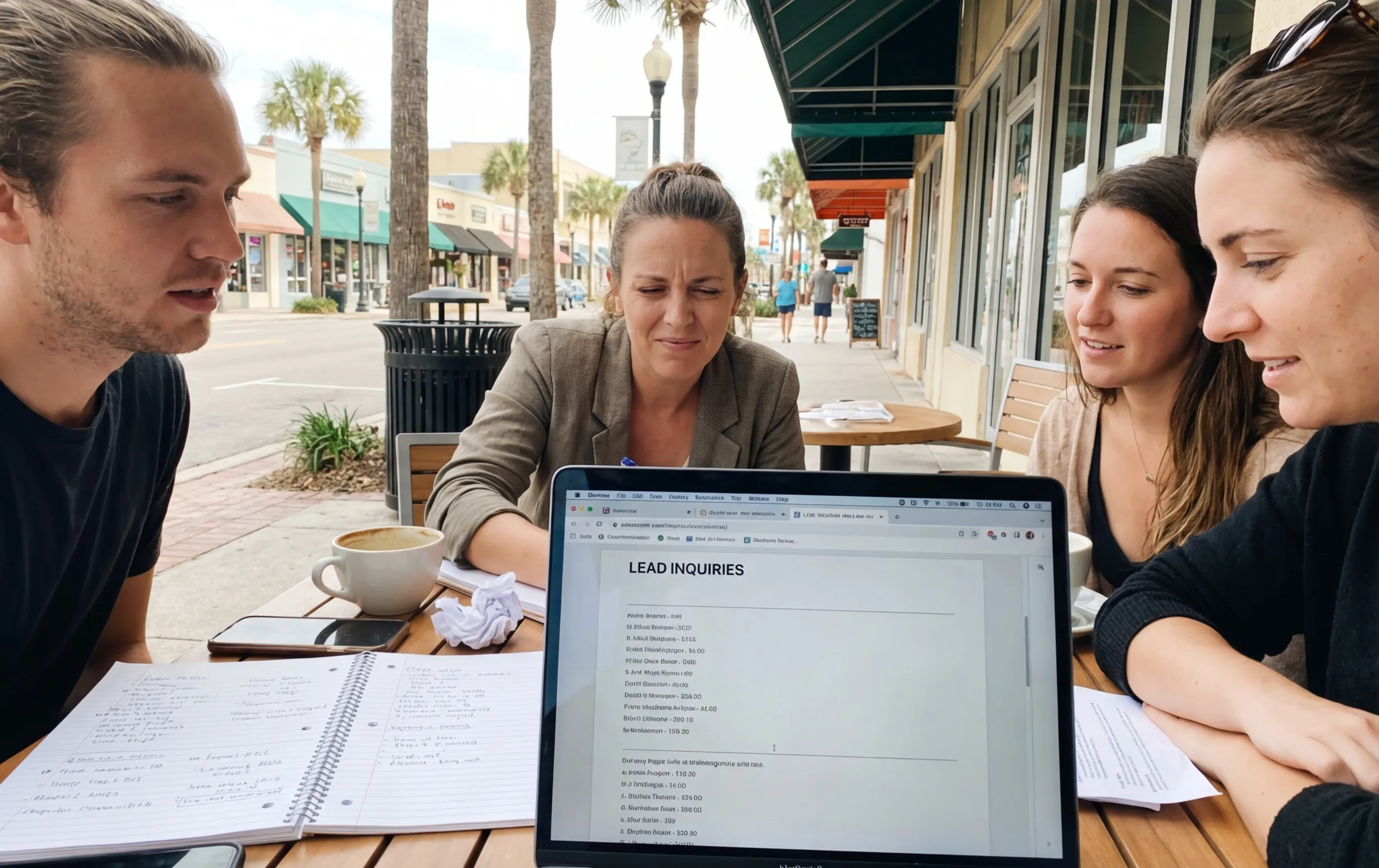 Team meeting at a cafe window, RockN' Socials Digital Marketing Agency.