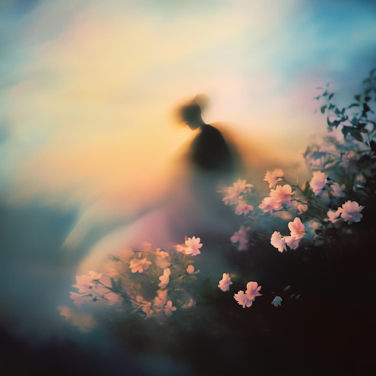 eine blumenwiese und ein schatten eines mannes