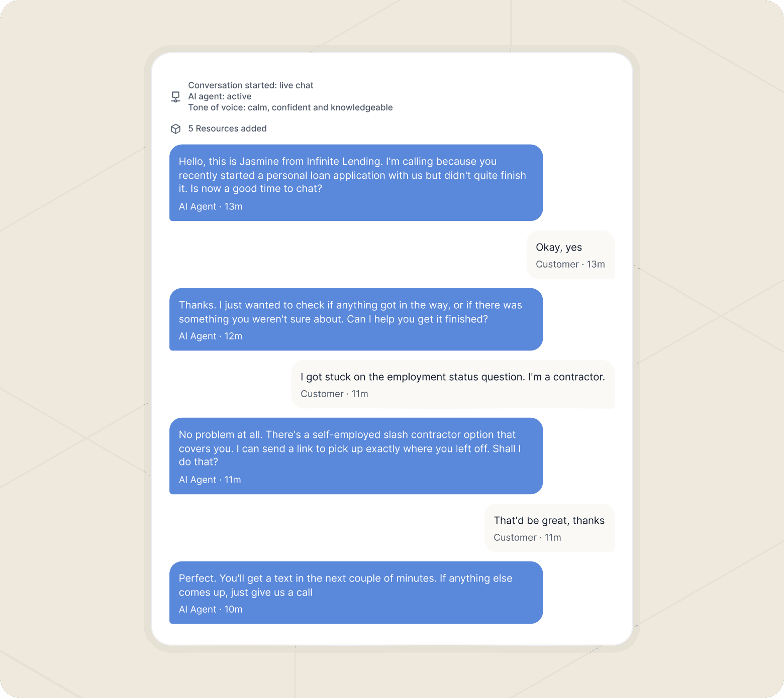Screenshot of a conversation between a customer and an AI agent following up about an incomplete application.