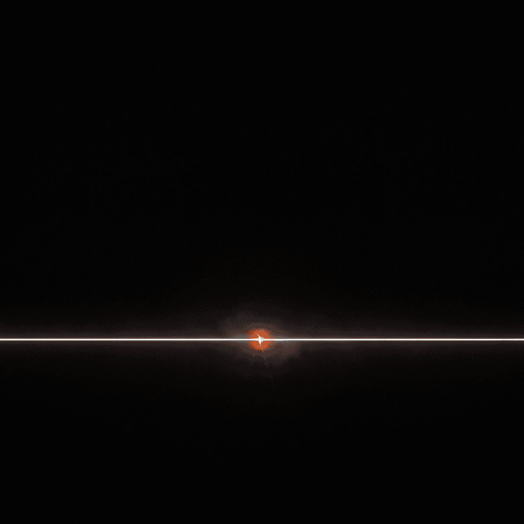 Single thread of orange light against deep black void, broken at center