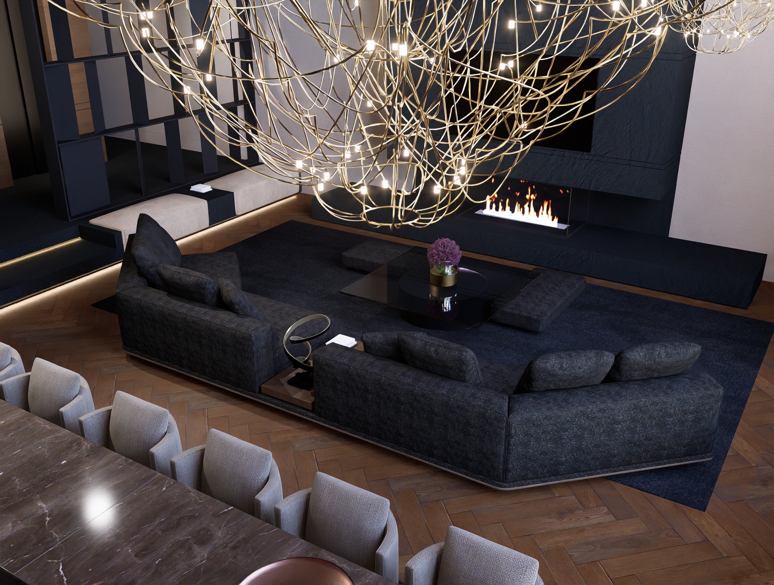 Upscale residential lounge area in Limassol with premium dark finishes and architectural lighting integration by topos design studio