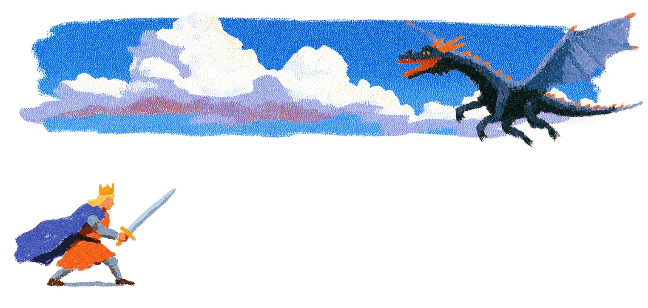 A crowned king with a blue cape raises a sword toward a flying black-and-orange dragon in a cloudy blue sky, Floating Castle's closing call-to-action art
