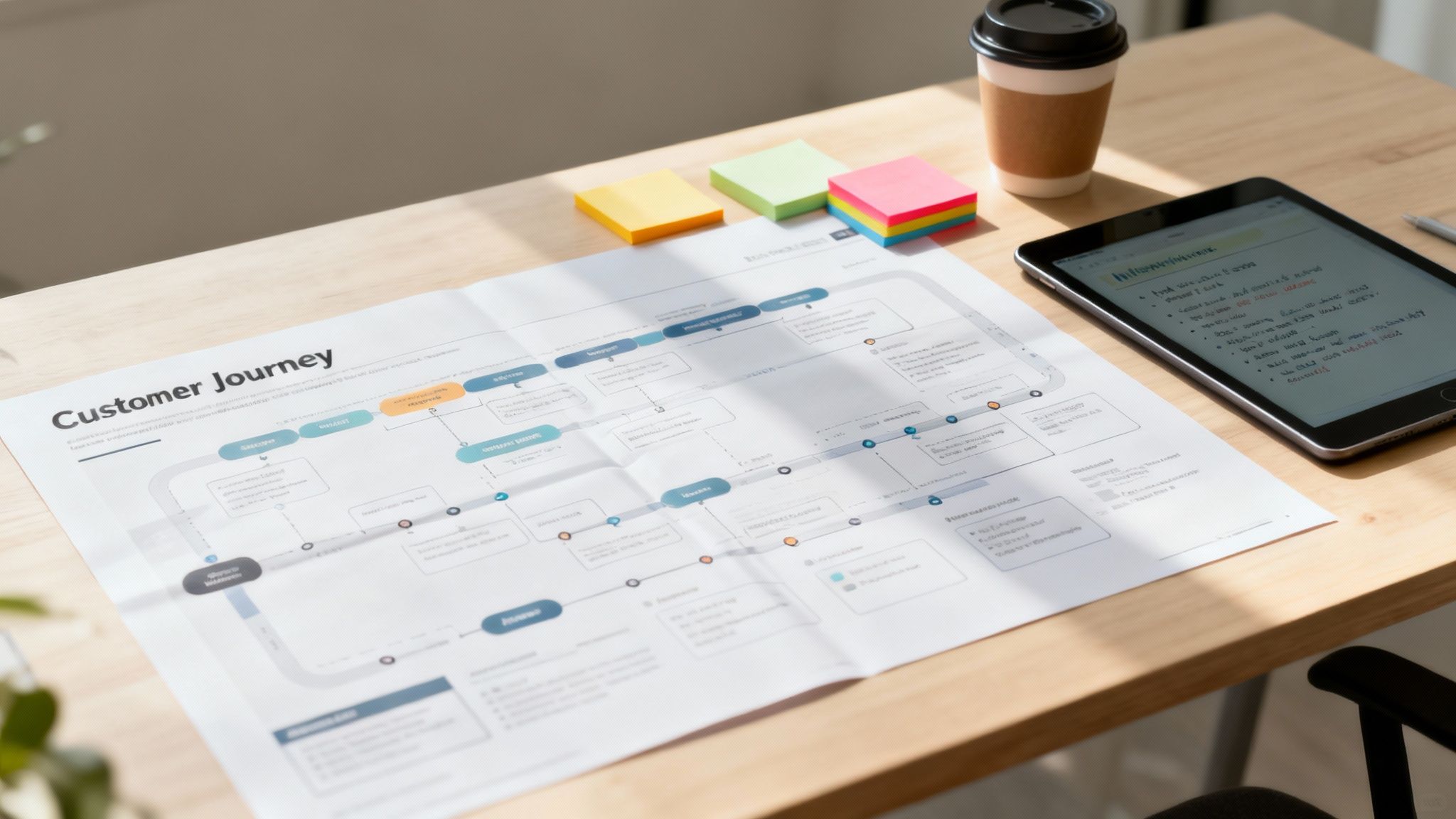 A customer journey map on a desk with sticky notes, coffee, and a tablet with notes.