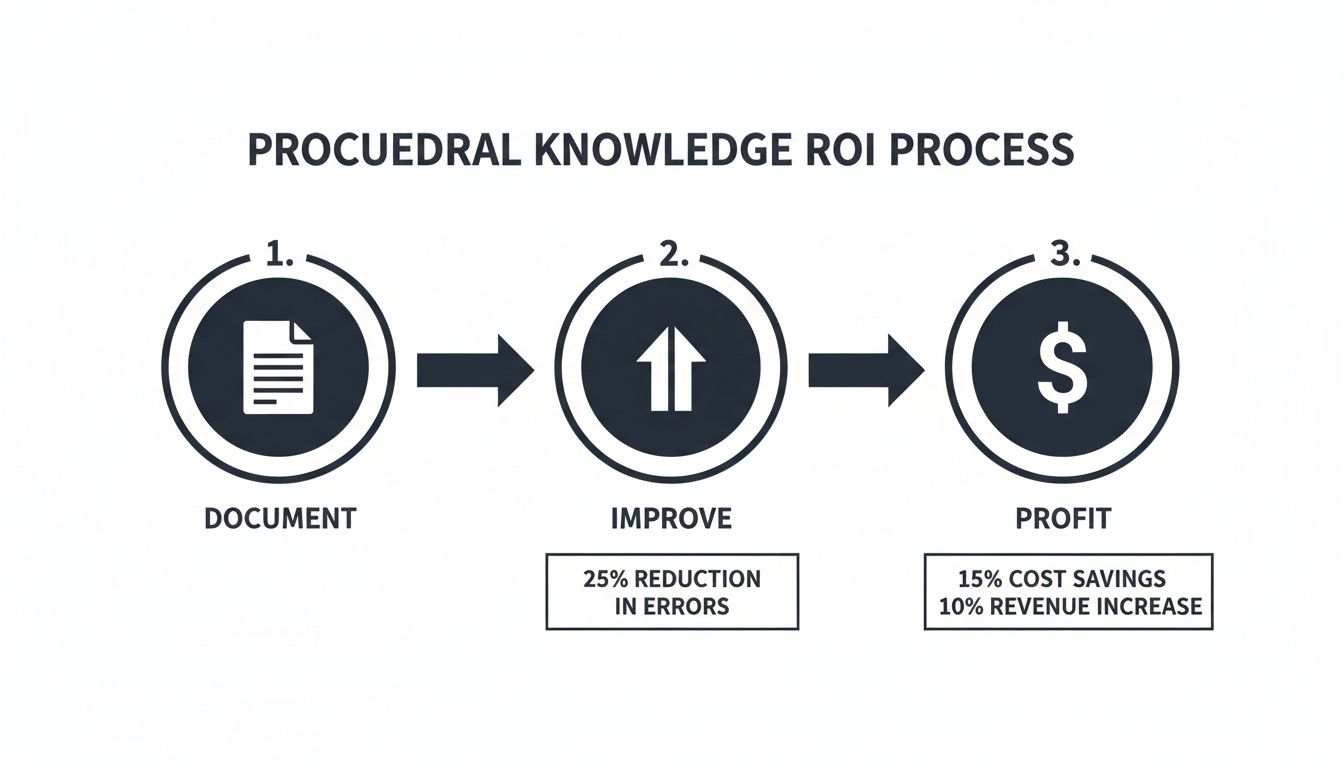 A diagram illustrating the procedural knowledge ROI process with steps: document, improve, and profit.