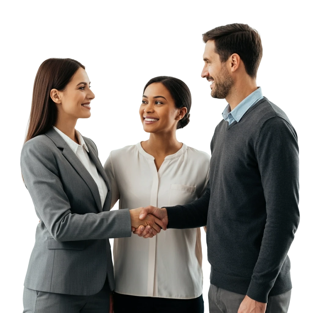 Real estate agent shaking hands with a man next to his wife