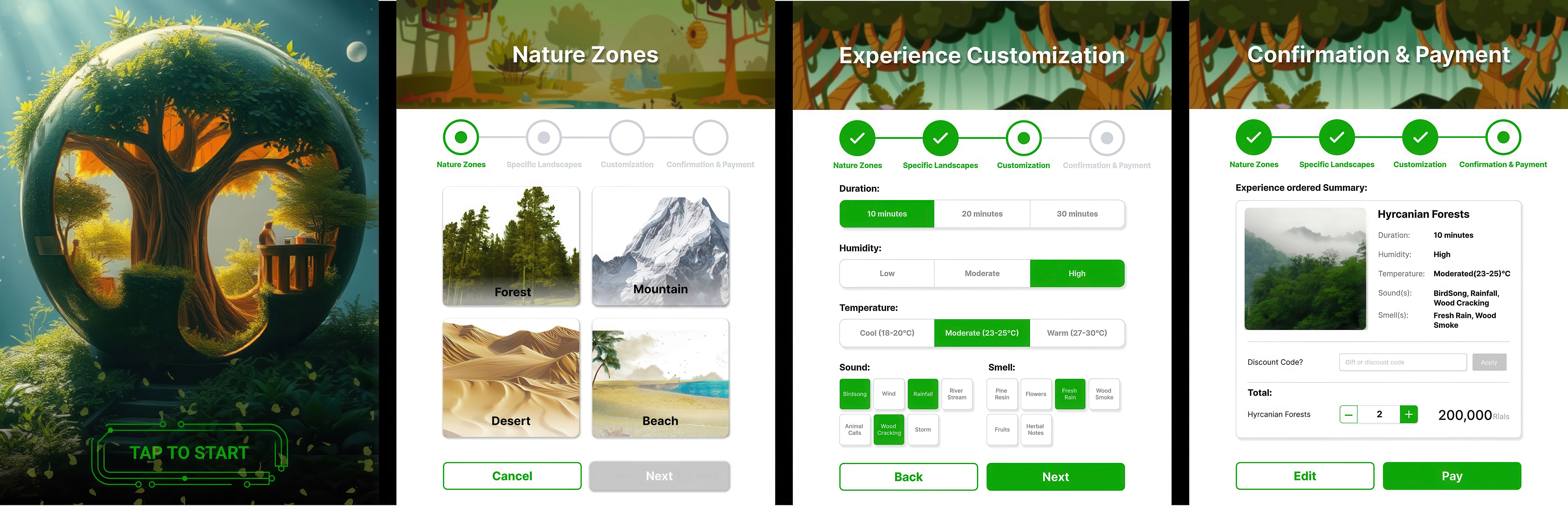 Reservation and ticketing interface screens for the immersive nature capsule service