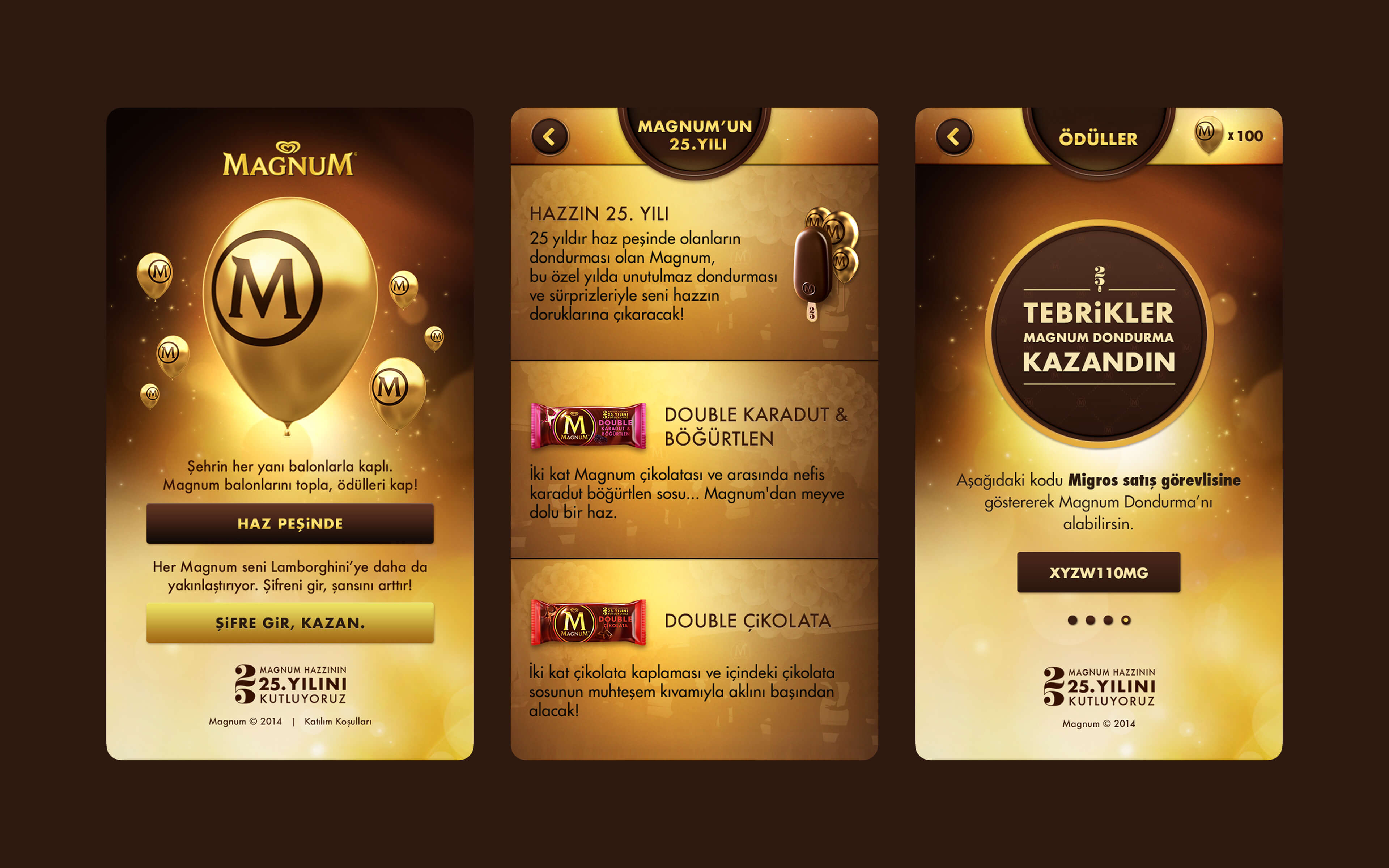 Magnum 25th anniversary app screen with golden rewards, balloon collection game, flavor celebrations, and ice cream prize redemption via code.