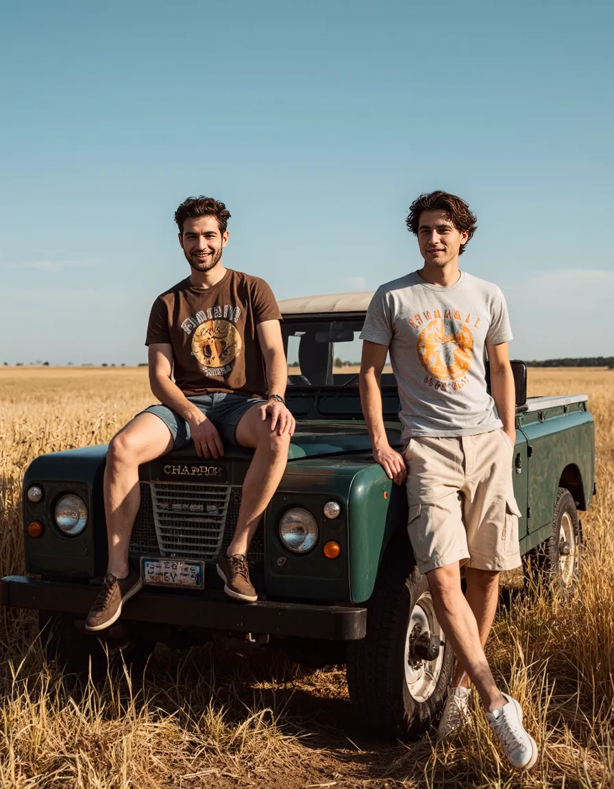 Two friends posing with vintage green Land Rover in golden wheat field at sunset, wearing casual graphic t-shirts in warm light.