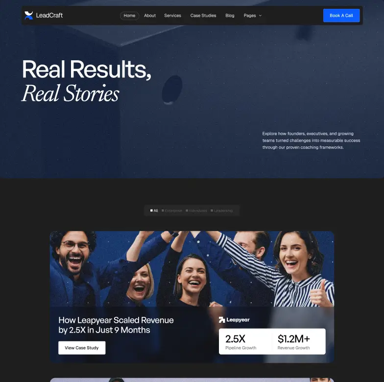 LeadCraft webpage showing real results stories and a case study of Leapyear's 2.5X revenue growth in 9 months.