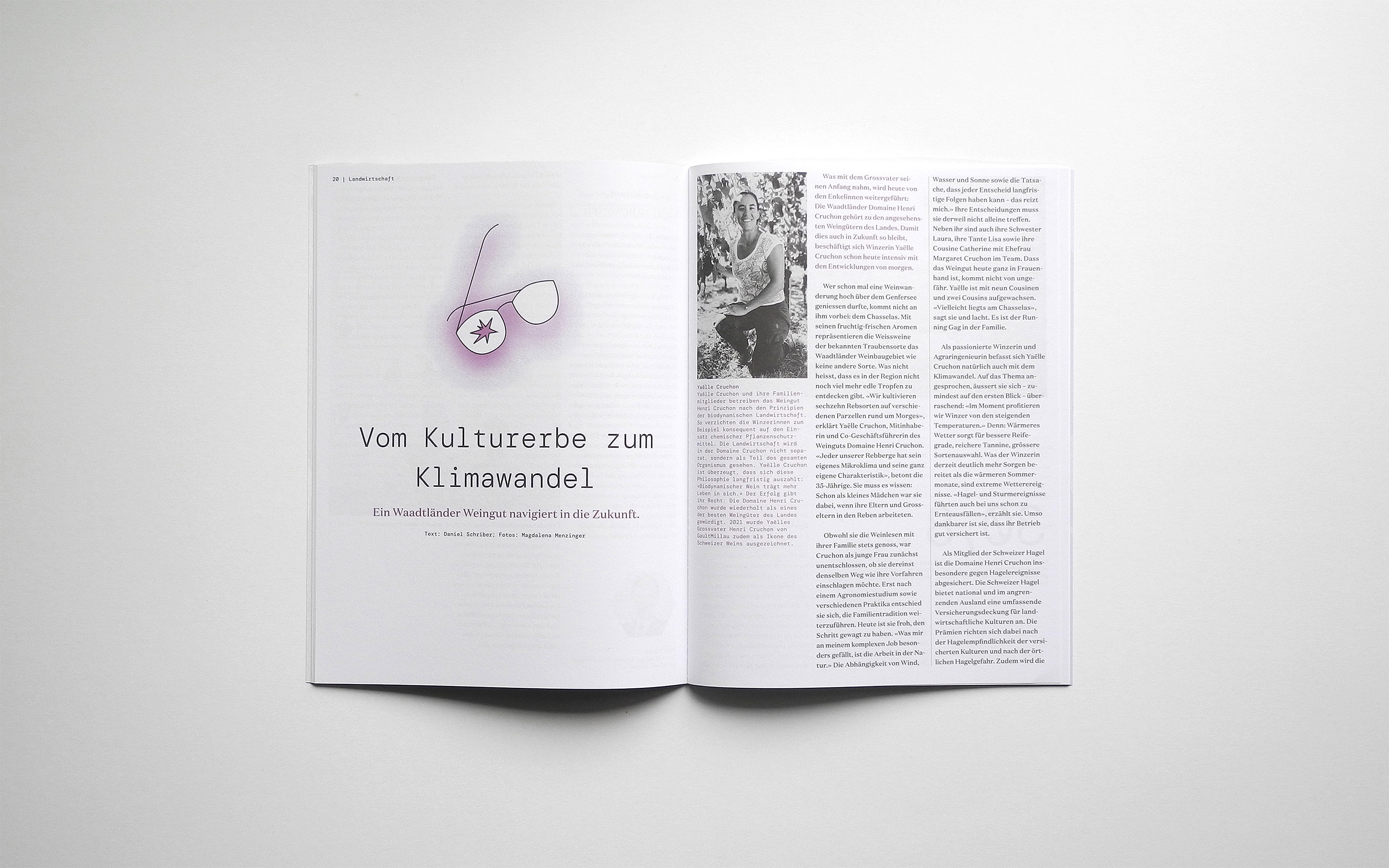 Ein aufgeschlagenes Magazin. Es ist eine minimalistische Illustration zu sehen und andere Layouelemente.