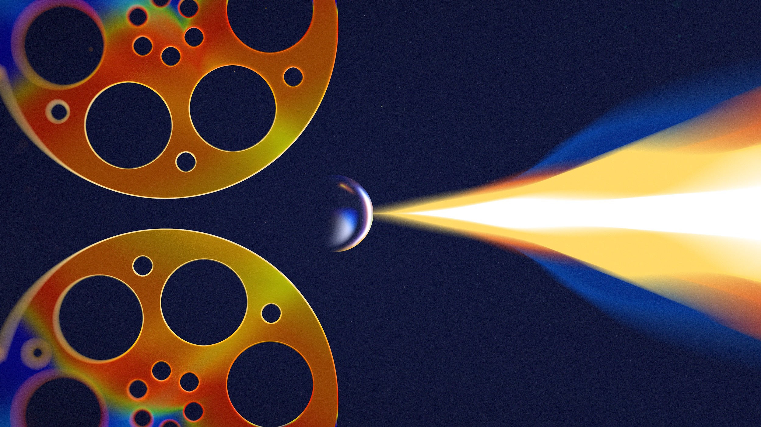 and abstract visualisation of a film projector with two film rolls and a glass ball projecting yellow and blue light 