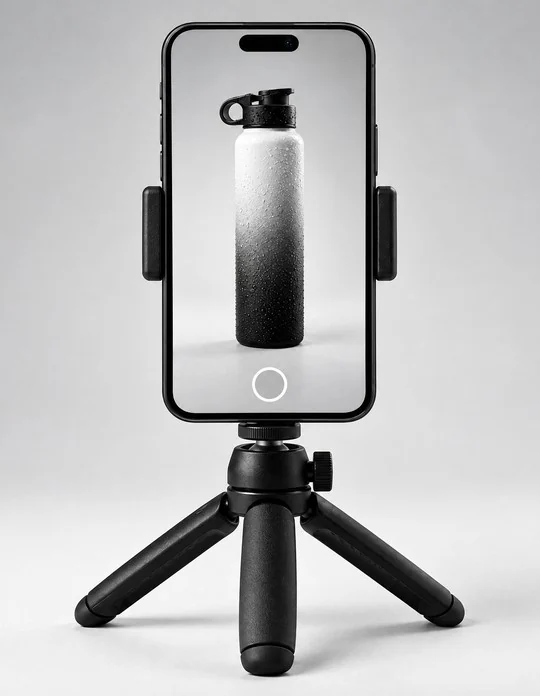 A phone on a small tripod, filming a Superbrand bottle.