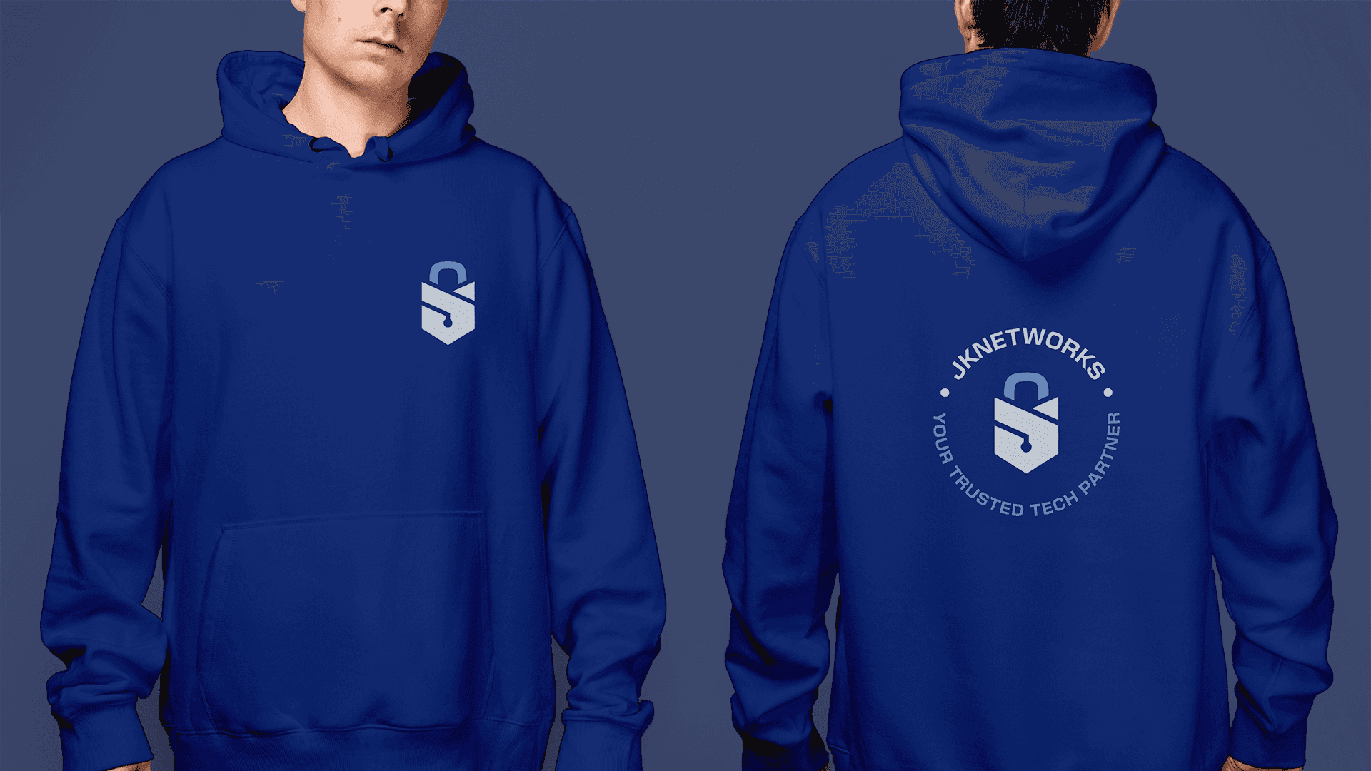 Front and back sweater mockup featuring the JKNetworks Branding