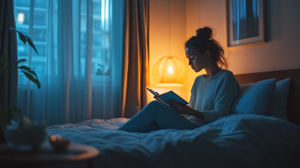 A client sitting in a calm bedroom, reading a book in soft lighting, illustrating the importance of a relaxing evening routine for enhancing sleep health and well-being.