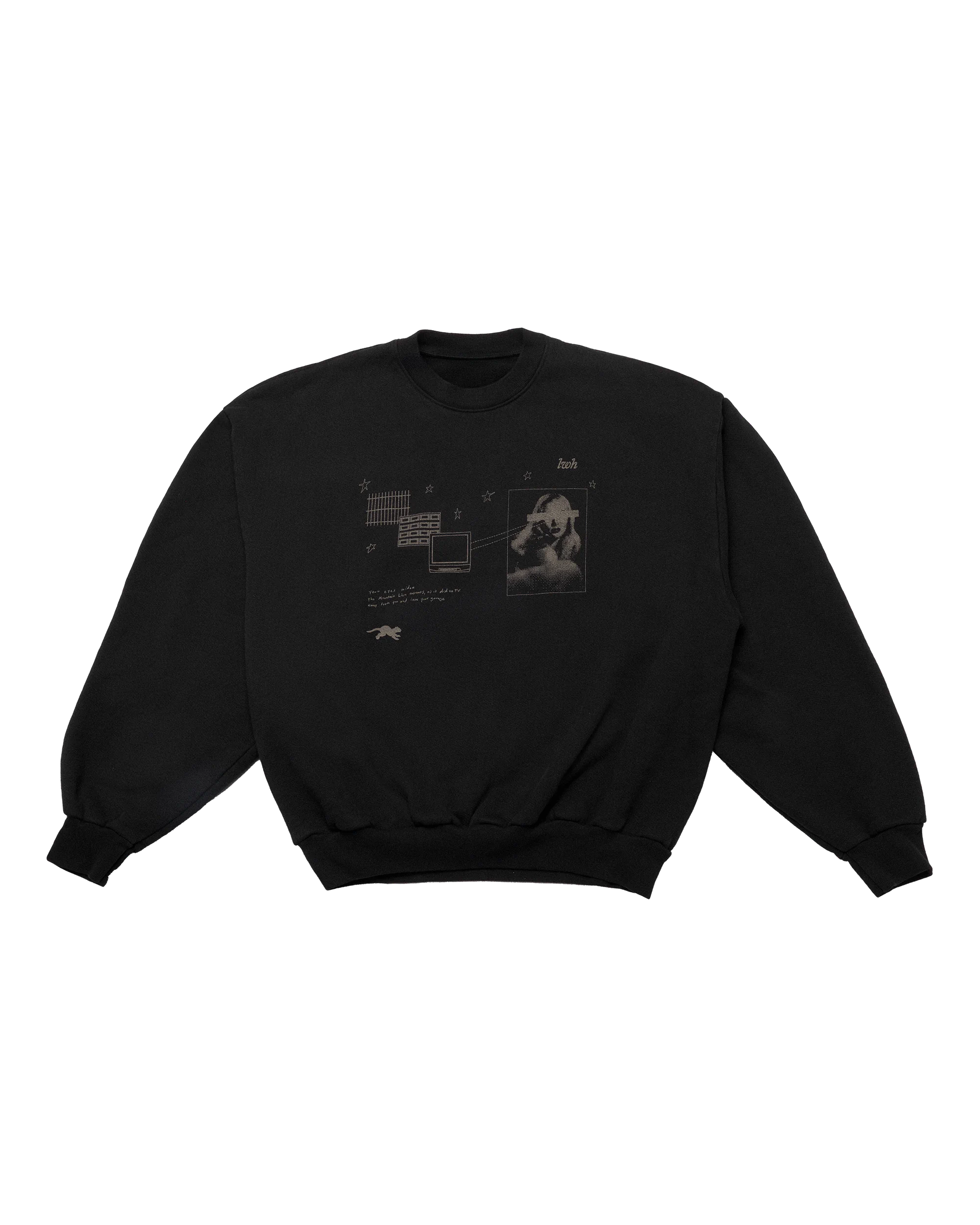 Off-black Viewing Distance Crewneck Fleece featuring artwork of printed diagrams, mountain lion and star illustrations, a short story, and a monochrome photograph of Veronica Lake.