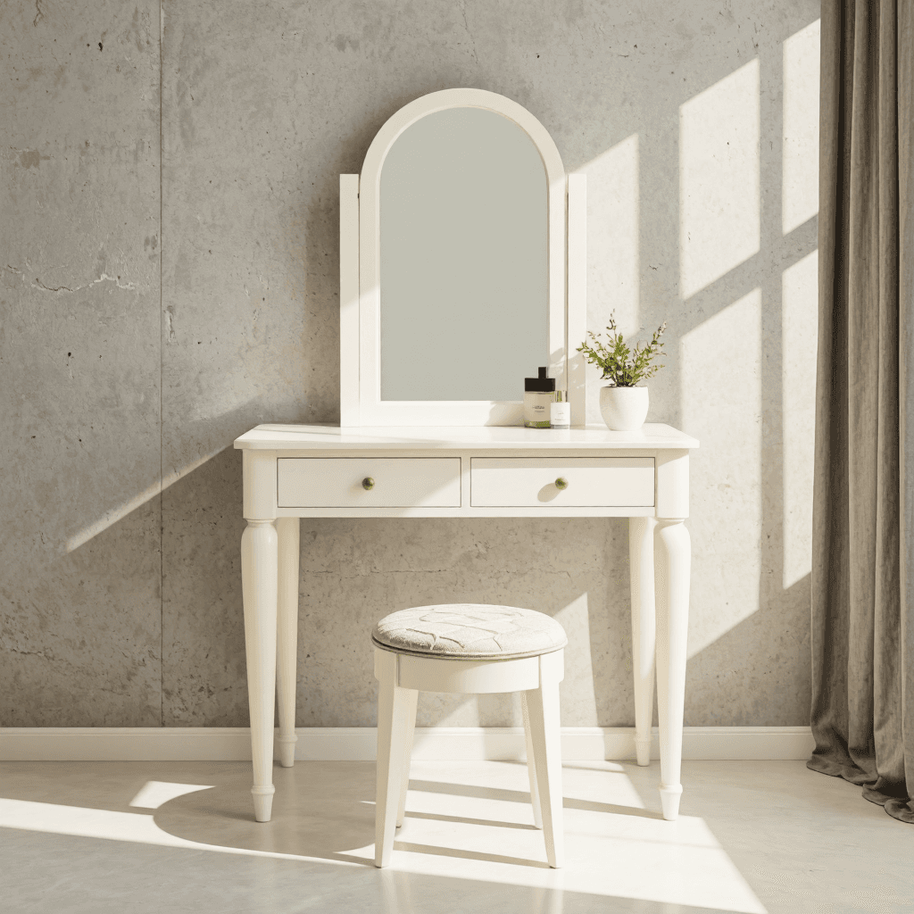product photography of a vanity table with a mirror and storage drawers
