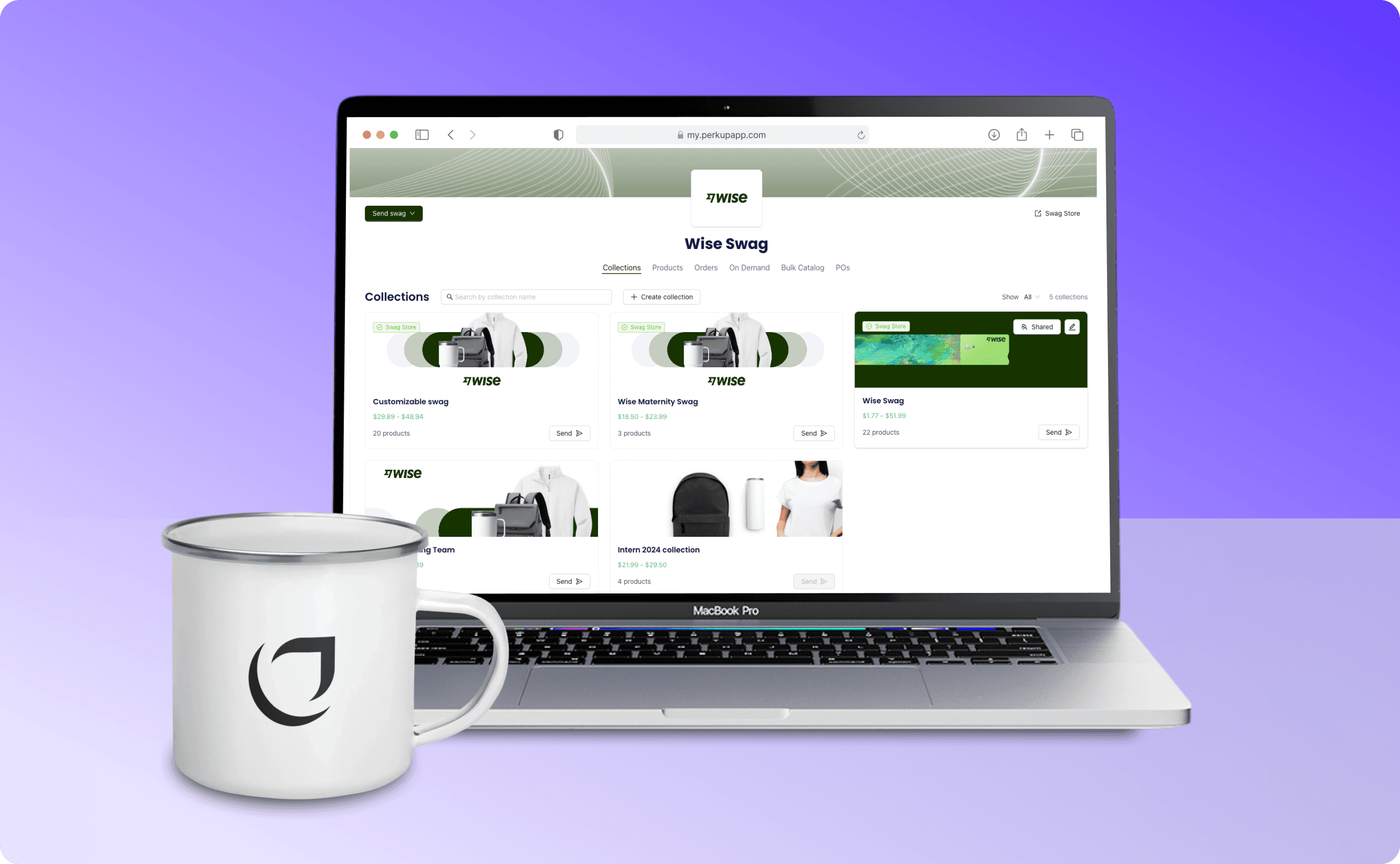 A laptop with a screen of swag stores of PerkUp. There's also a white mug in front with the PerkUp logo.