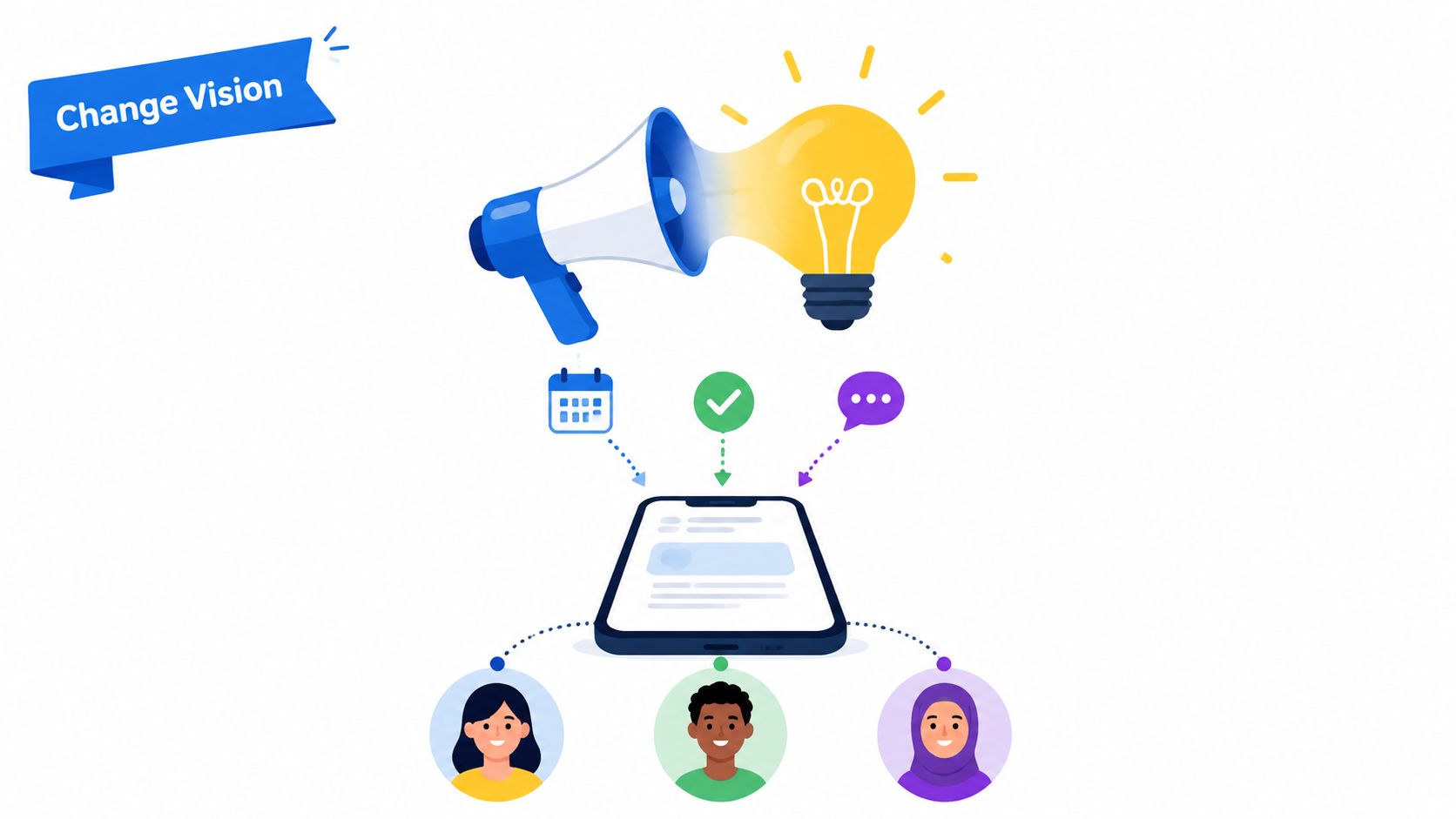 A digital illustration showing a megaphone and lightbulb communicating tasks and feedback to a smartphone device.