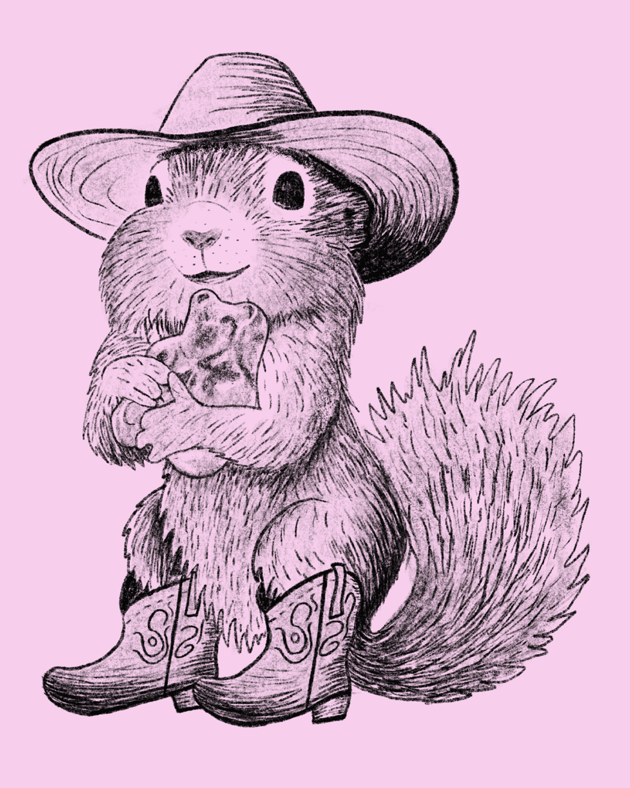 Cowboy squirrel — pen and ink digital illustration of squirrel in cowboy hat on pink background