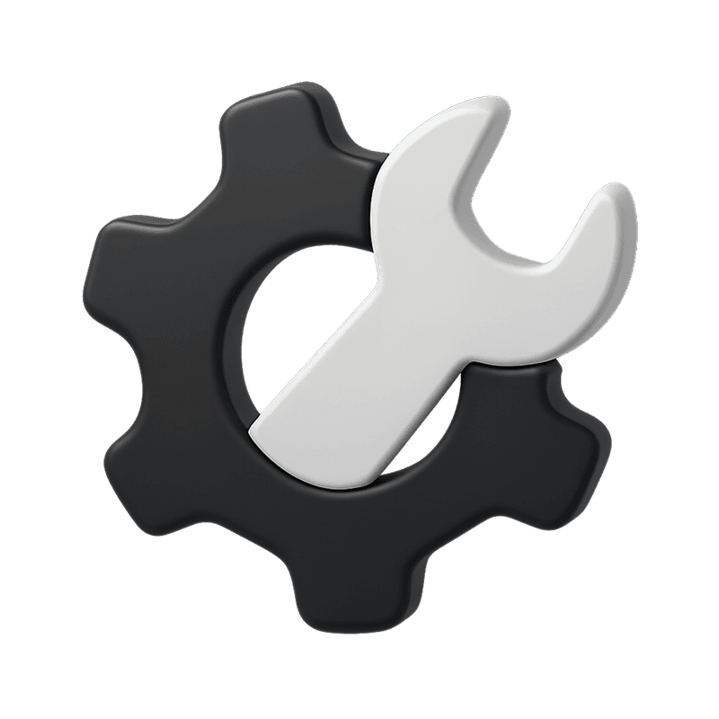 3D rendering of a black gear icon with a white wrench, representing settings or configuration.