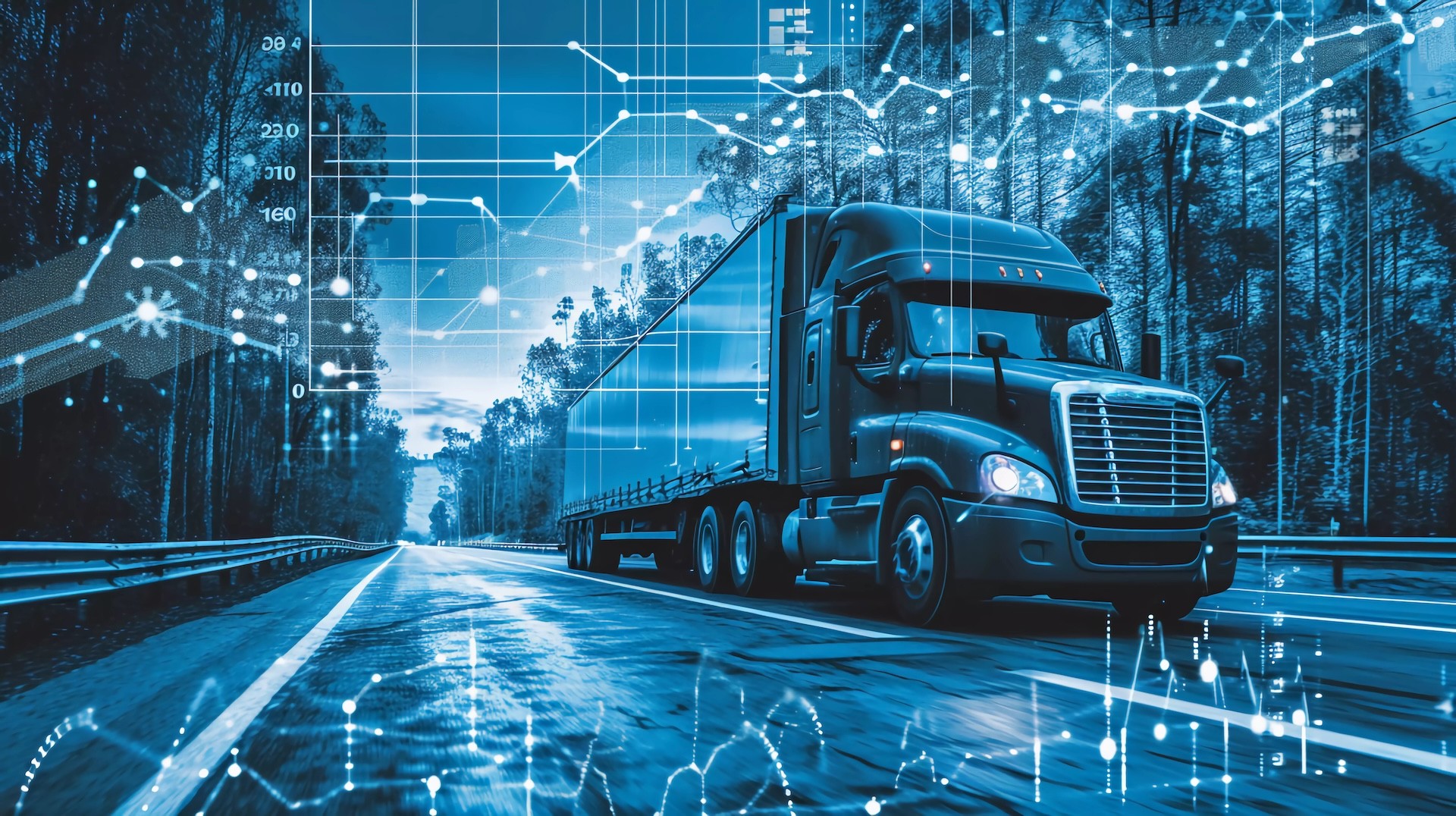 A large truck driving on a highway with data visualizations overlay, symbolizing Inway’s adaptive AI strategies for crafting solutions to logistics and supply chain challenges.