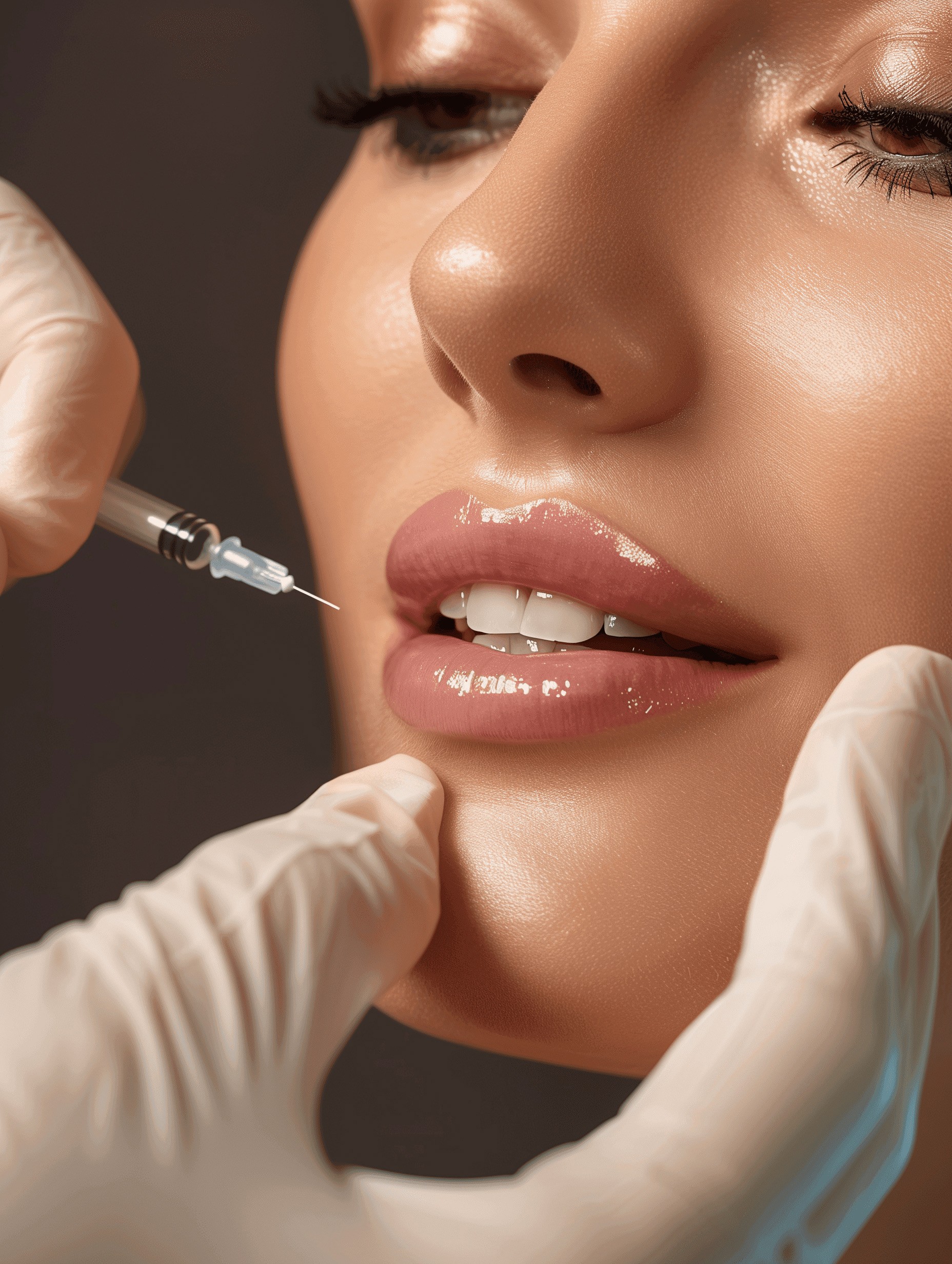 Woman receiving a facial injection, focusing on aesthetics and beauty treatments, with a serene expression under soft lighting.