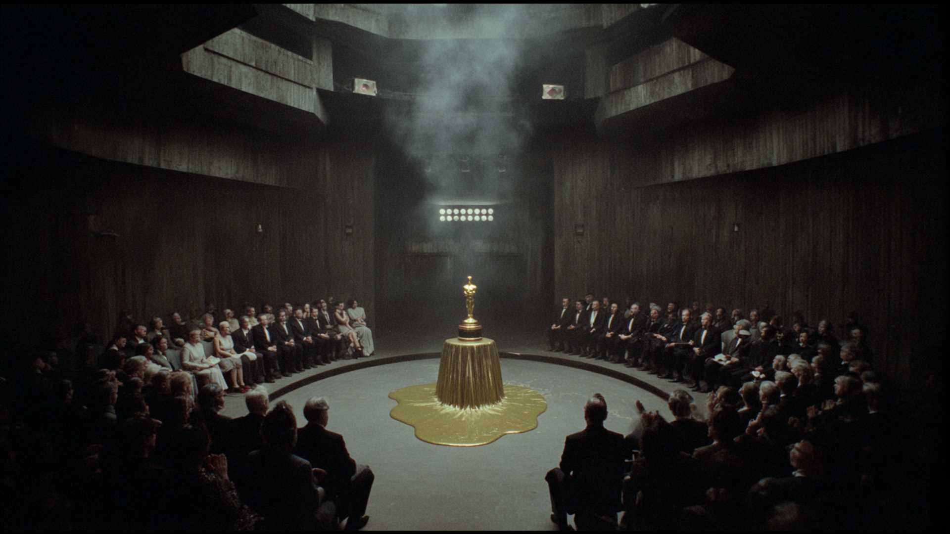 A cinematic shot of a golden film trophy melting into liquid chrome on a dark stage, symbolizing the disruption of the film industry by the world's first $1 million AI film award.