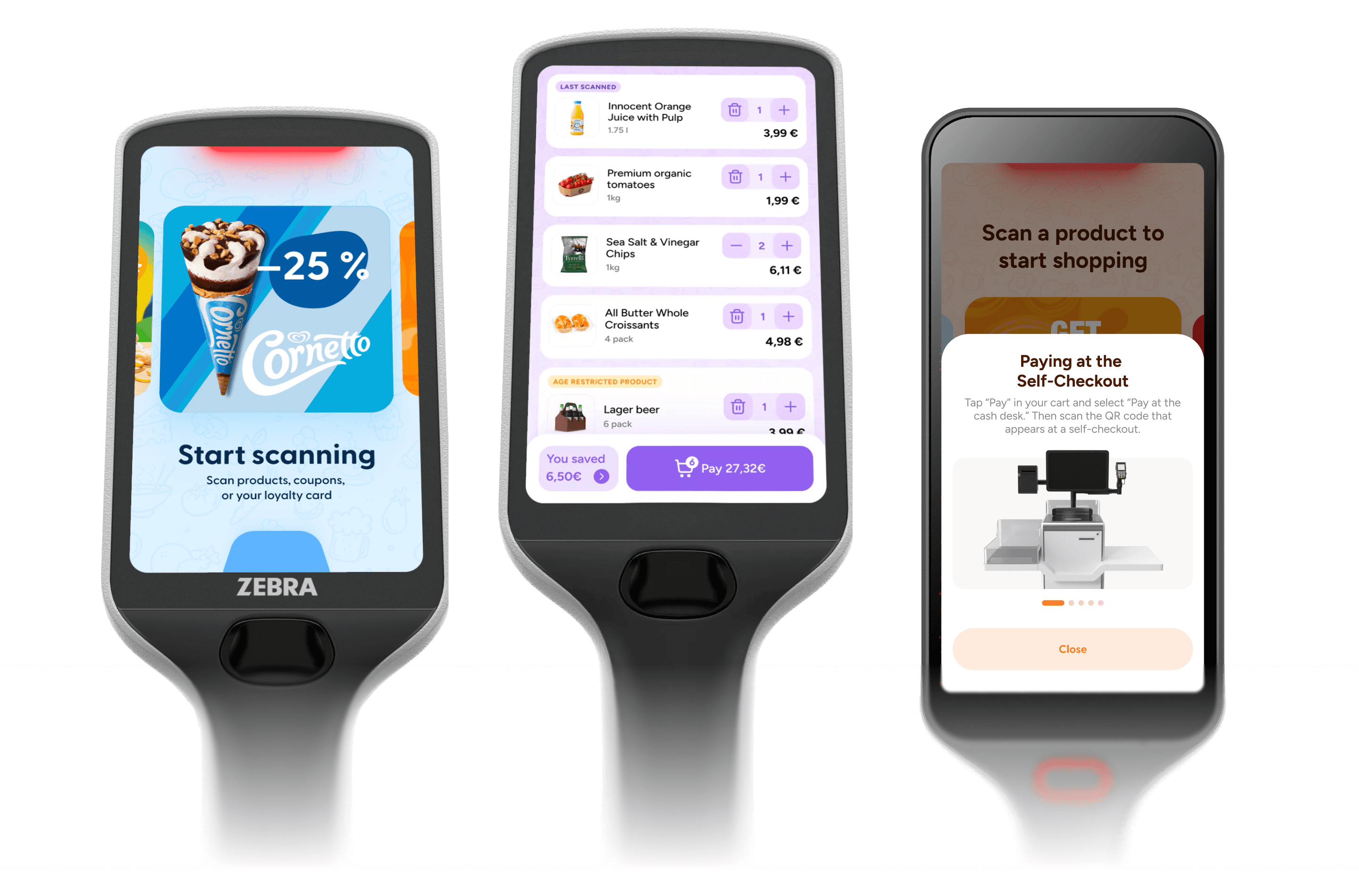 image of 3 handheld scanners displaying different screens - retail media, shopping basket, payment - shopreme scan and go on handscanners
