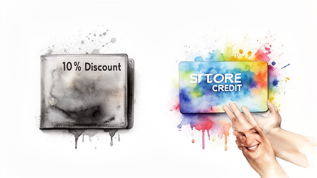 Watercolor image showing a gray wallet with '10% Discount' and a colorful 'STORE CREDIT' card with hands.