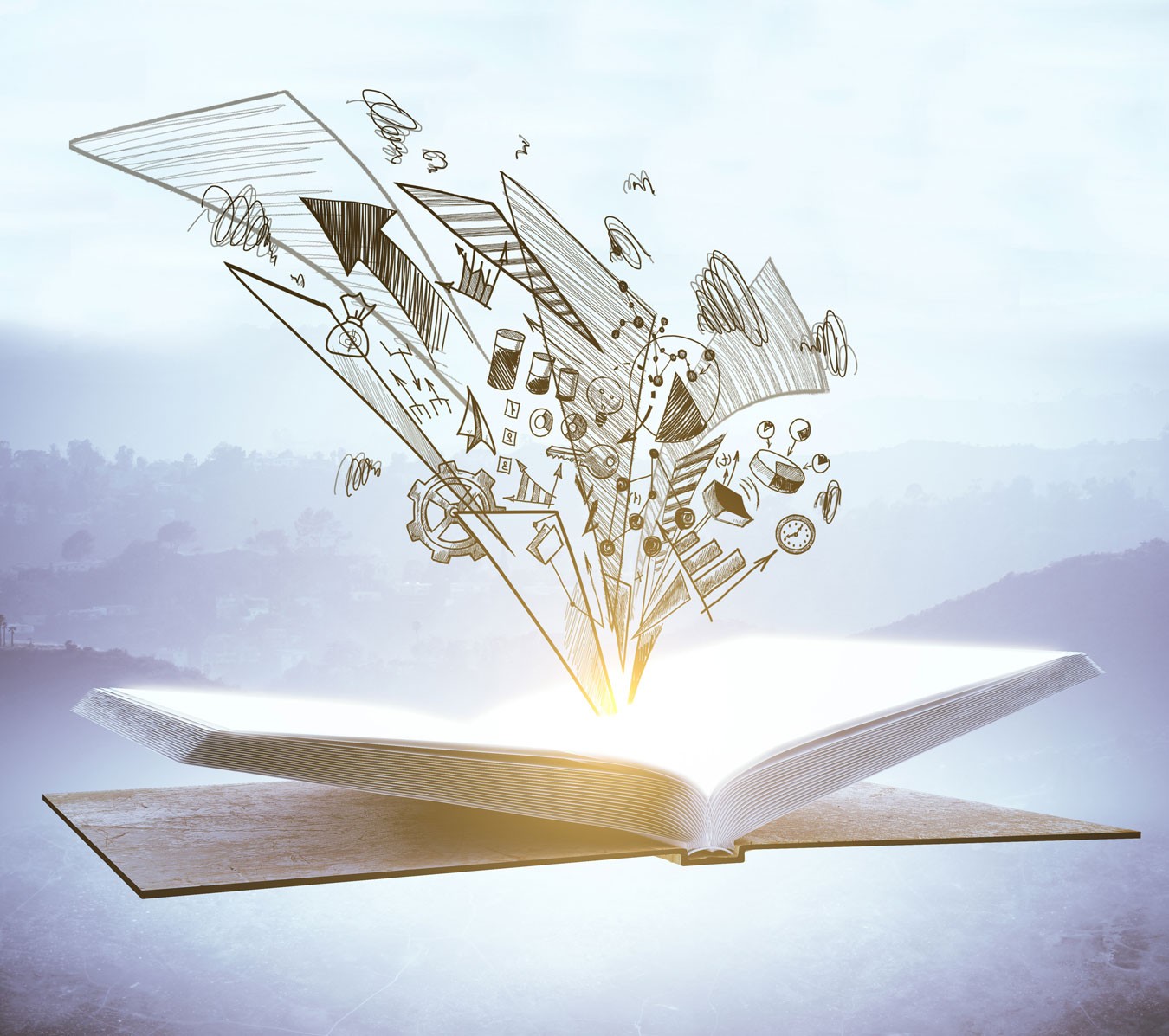 Otwarta księga z której promieniuje jasne światło oraz dynamiczne odręczne szkice biznesowe obejmujące żarówki zębatki i wykresy co stanowi metaforę procesu tworzenia spójnej strategii reklamowej oraz nowoczesnego wizerunku marki.